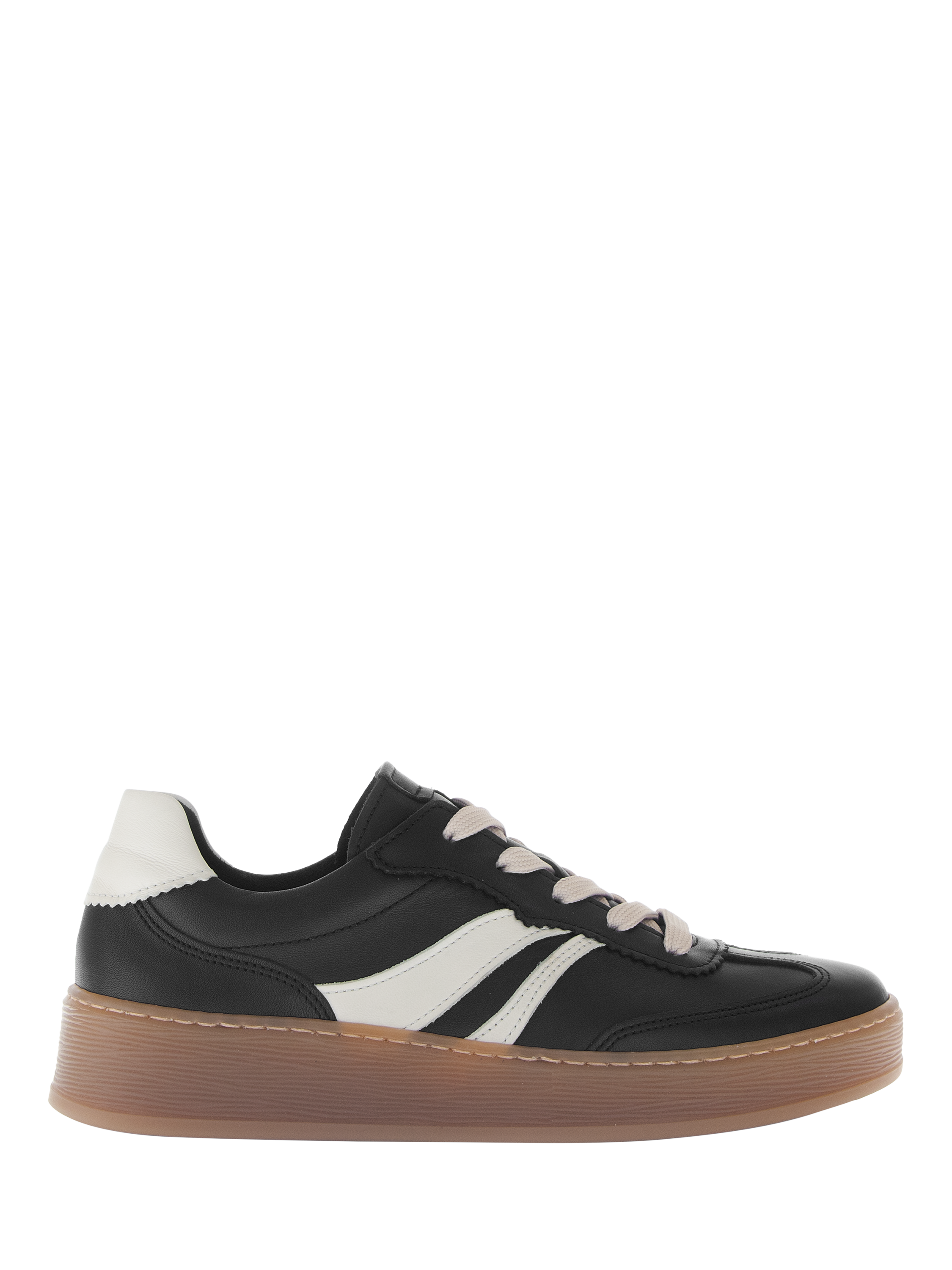 Product image 1 of 4, which shows Gabor Dahma Wide Fit Leather Trainers, Black/Cream, 4.5