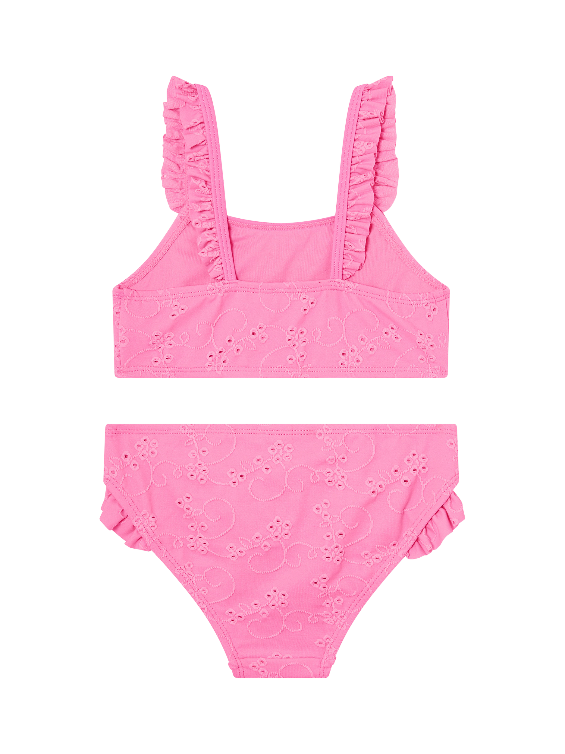 Product image 2 of 3, which shows Angels by Accessorize Kids' Ruffle Broderie Bikini Set, Pale Pink, 3-4 years