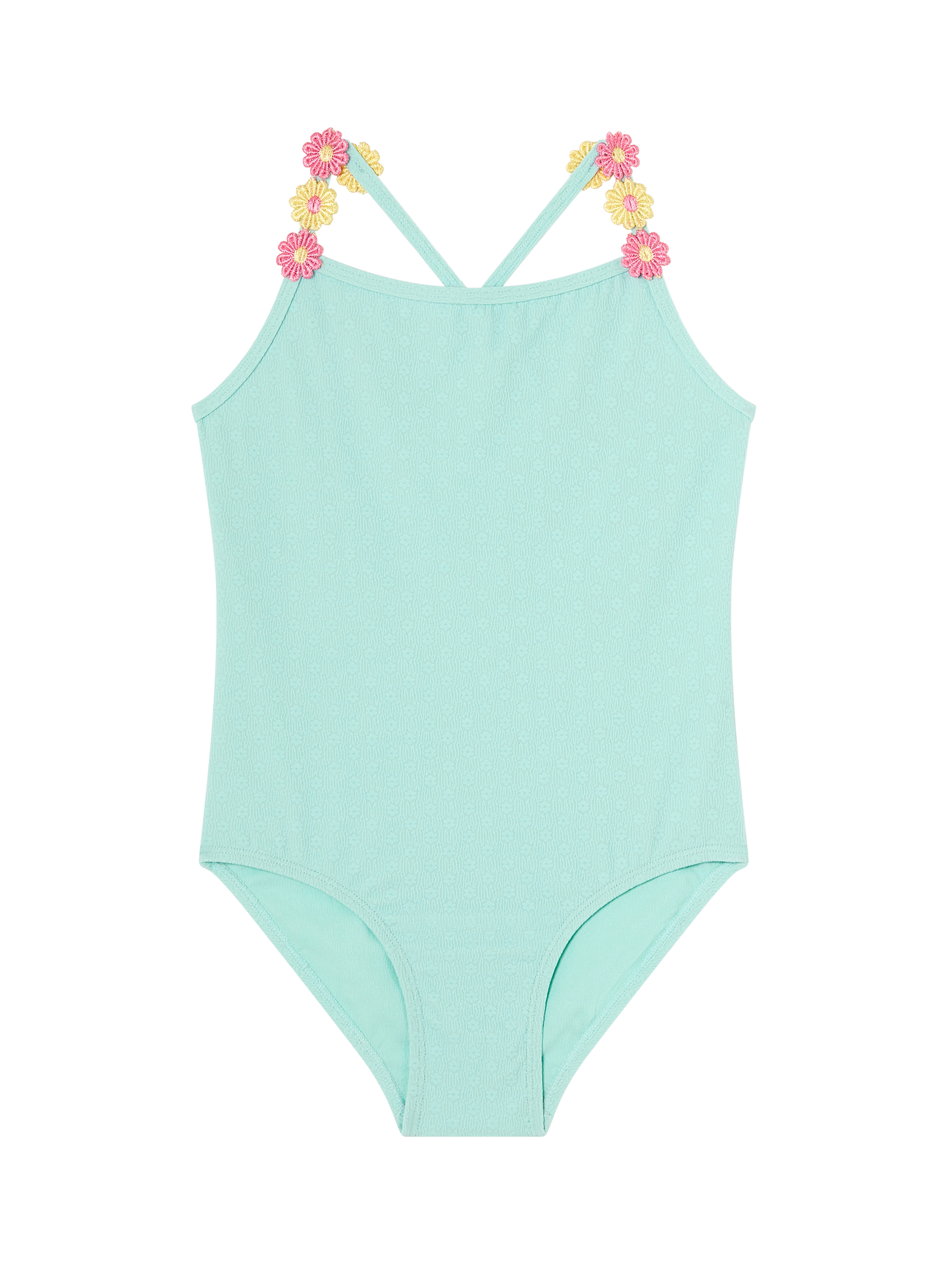 Product image 1 of 3, which shows Angels by Accessorize Kids' Flower Strap Swimsuit, Blue, 3-4 years