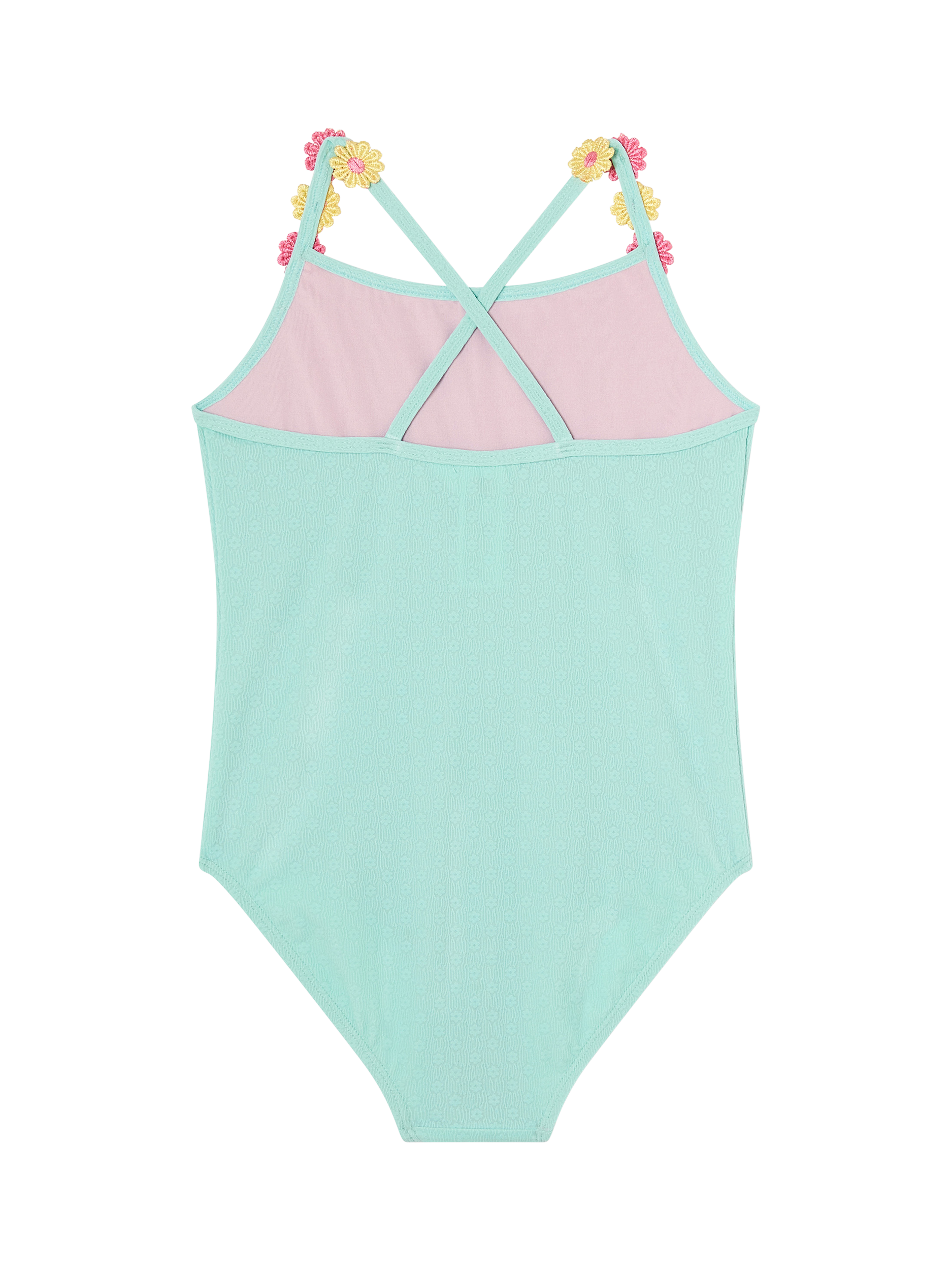 Product image 2 of 3, which shows Angels by Accessorize Kids' Flower Strap Swimsuit, Blue, 3-4 years