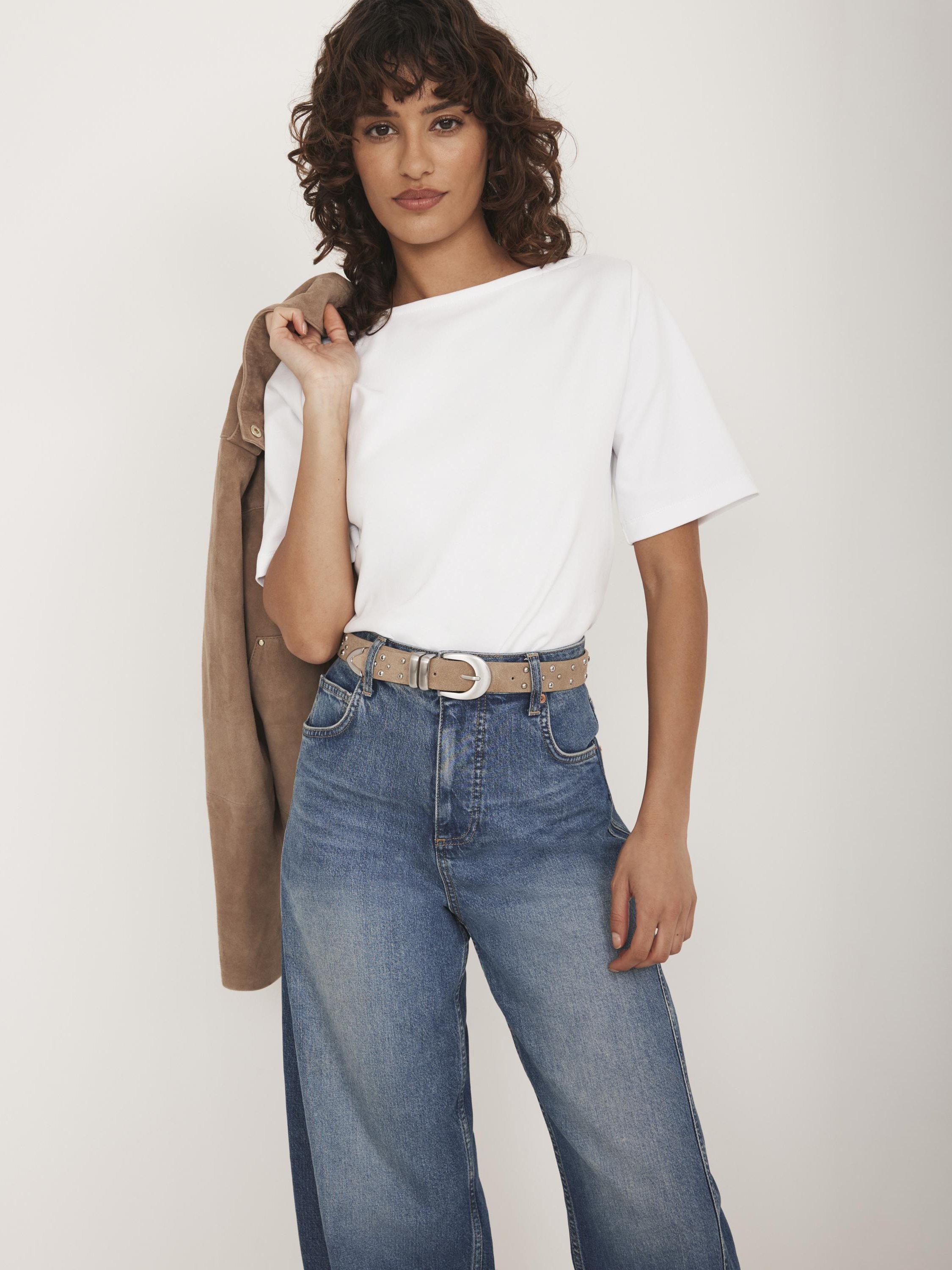 Product image 1 of 8, which shows Mint Velvet Cotton Slash Neck T-Shirt, White Ivory, 6|8