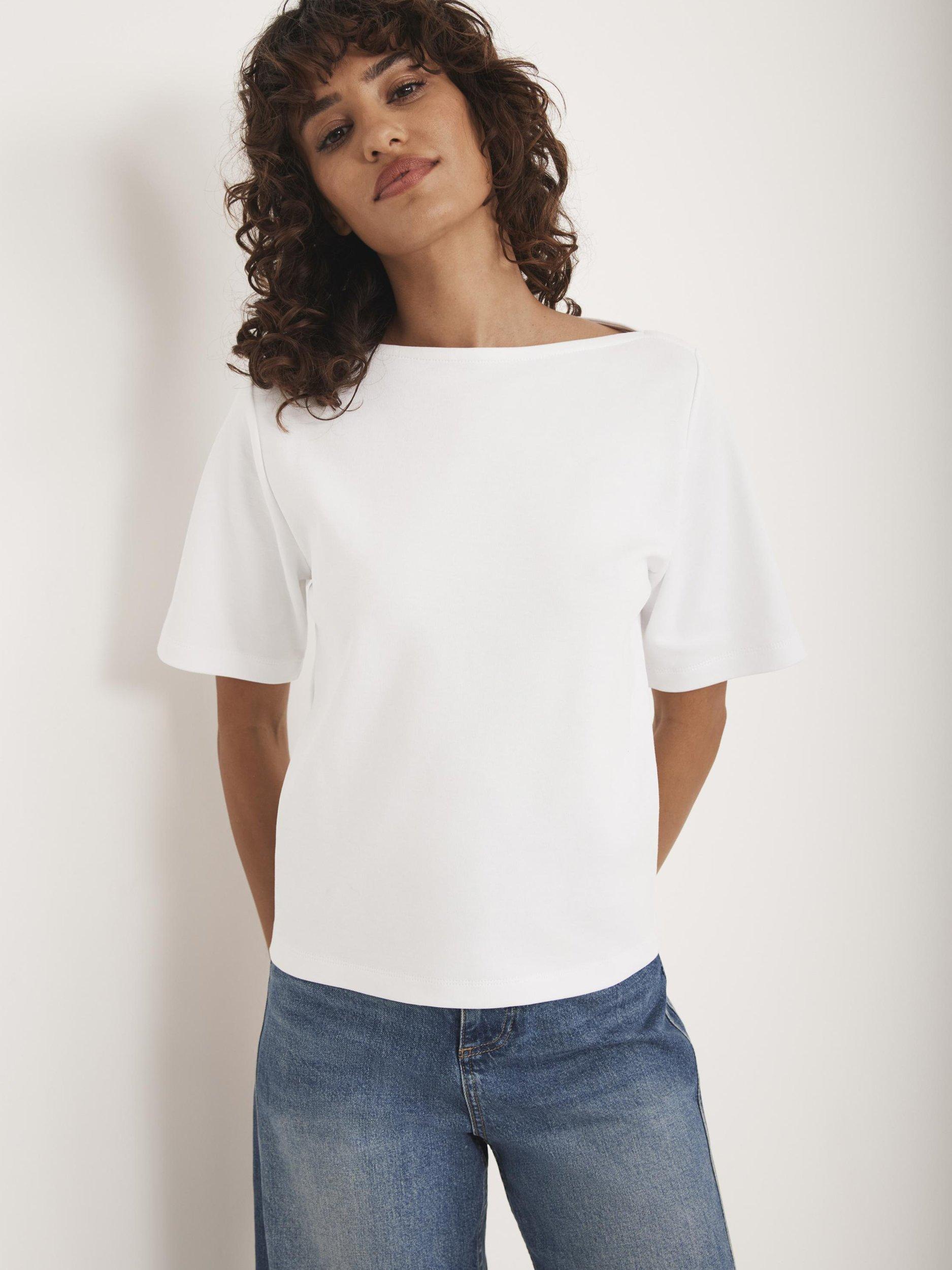 Product image 2 of 8, which shows Mint Velvet Cotton Slash Neck T-Shirt, White Ivory, 6|8