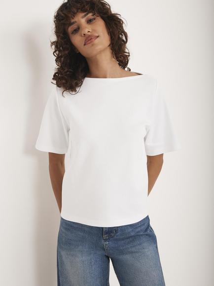 Mint Velvet Cotton Slash Neck T-Shirt - view 2, White Ivory