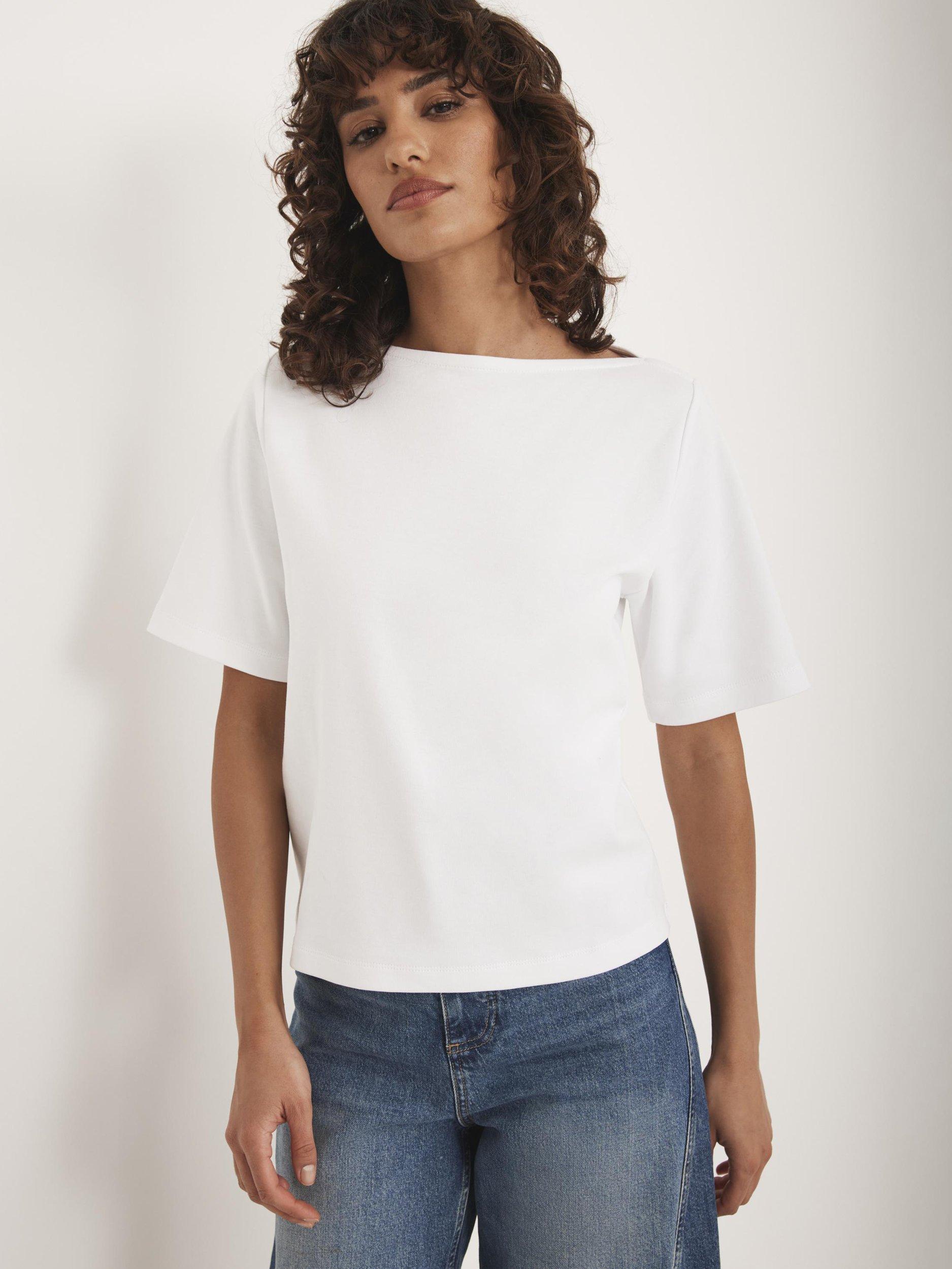 Product image 4 of 8, which shows Mint Velvet Cotton Slash Neck T-Shirt, White Ivory, 6|8