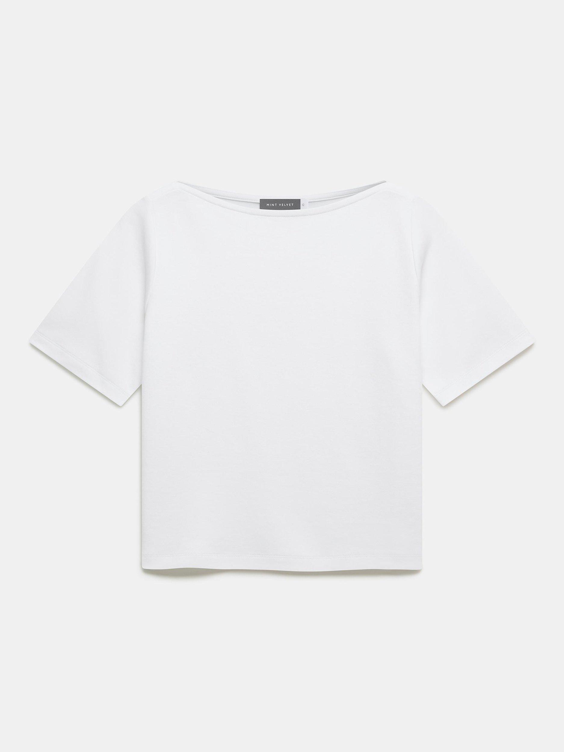 Product image 6 of 8, which shows Mint Velvet Cotton Slash Neck T-Shirt, White Ivory, 6|8