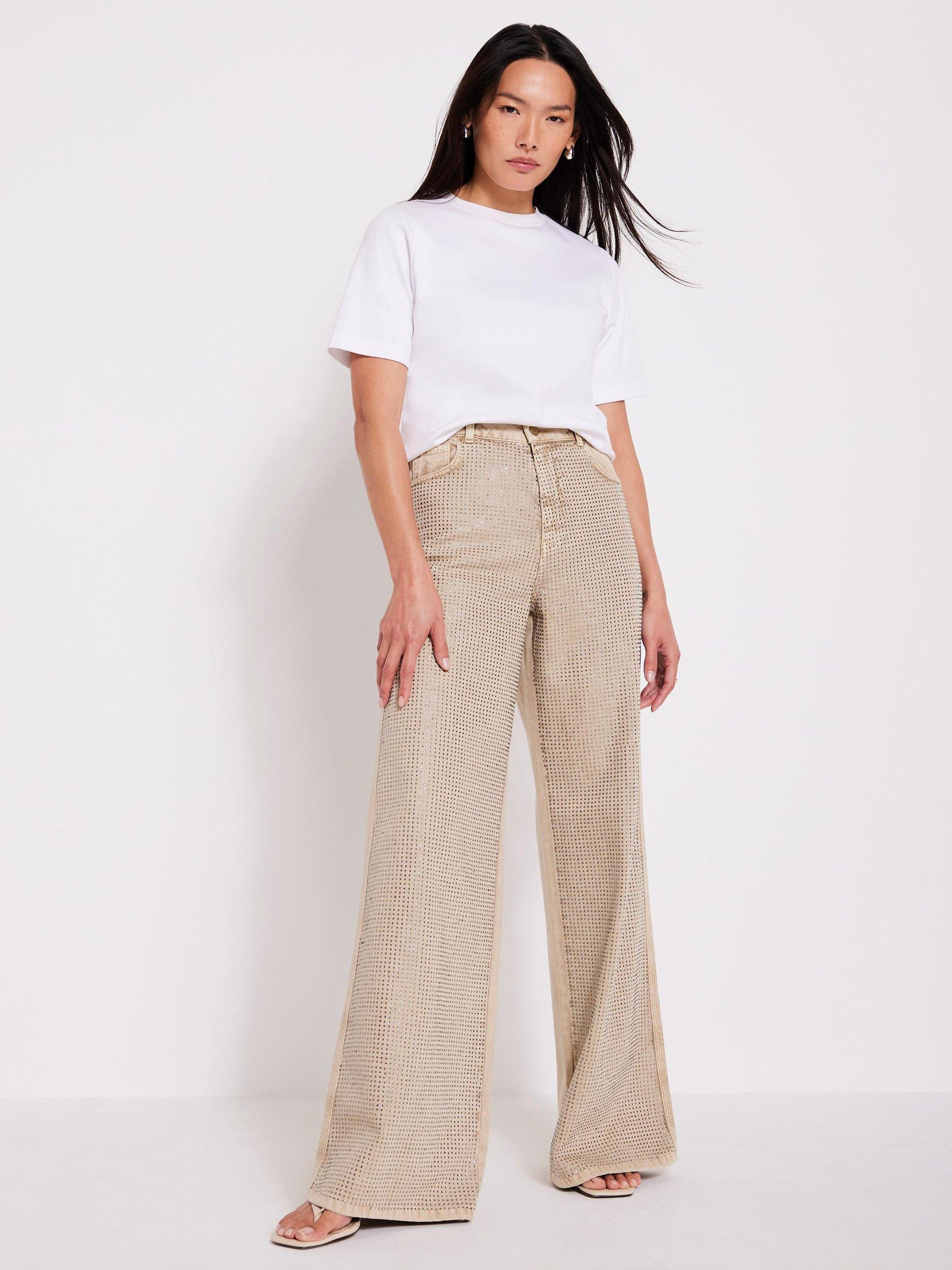Product image 1 of 8, which shows Mint Velvet Diamante Wide Leg Jeans, Natural, 6