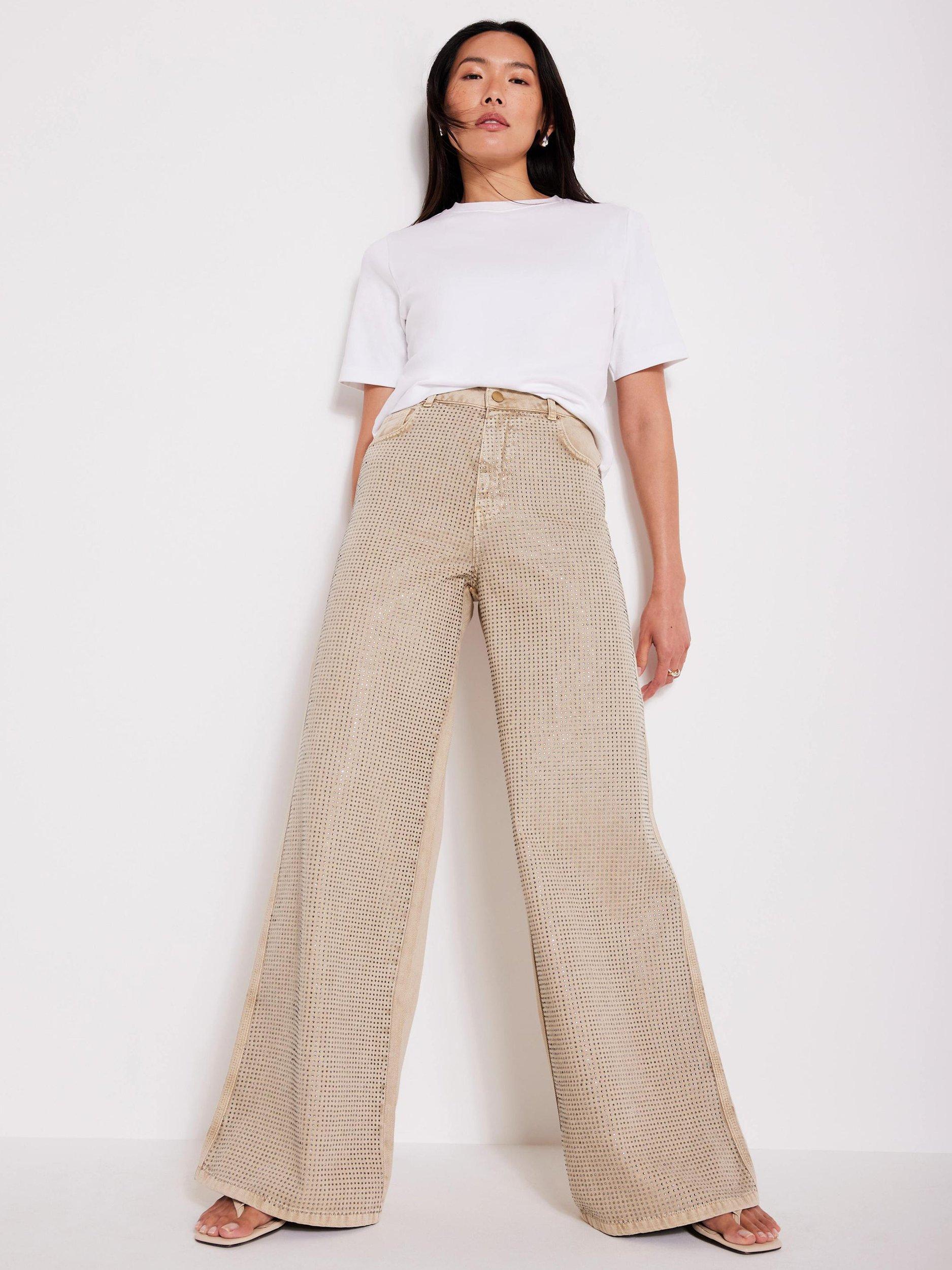 Product image 2 of 8, which shows Mint Velvet Diamante Wide Leg Jeans, Natural, 6
