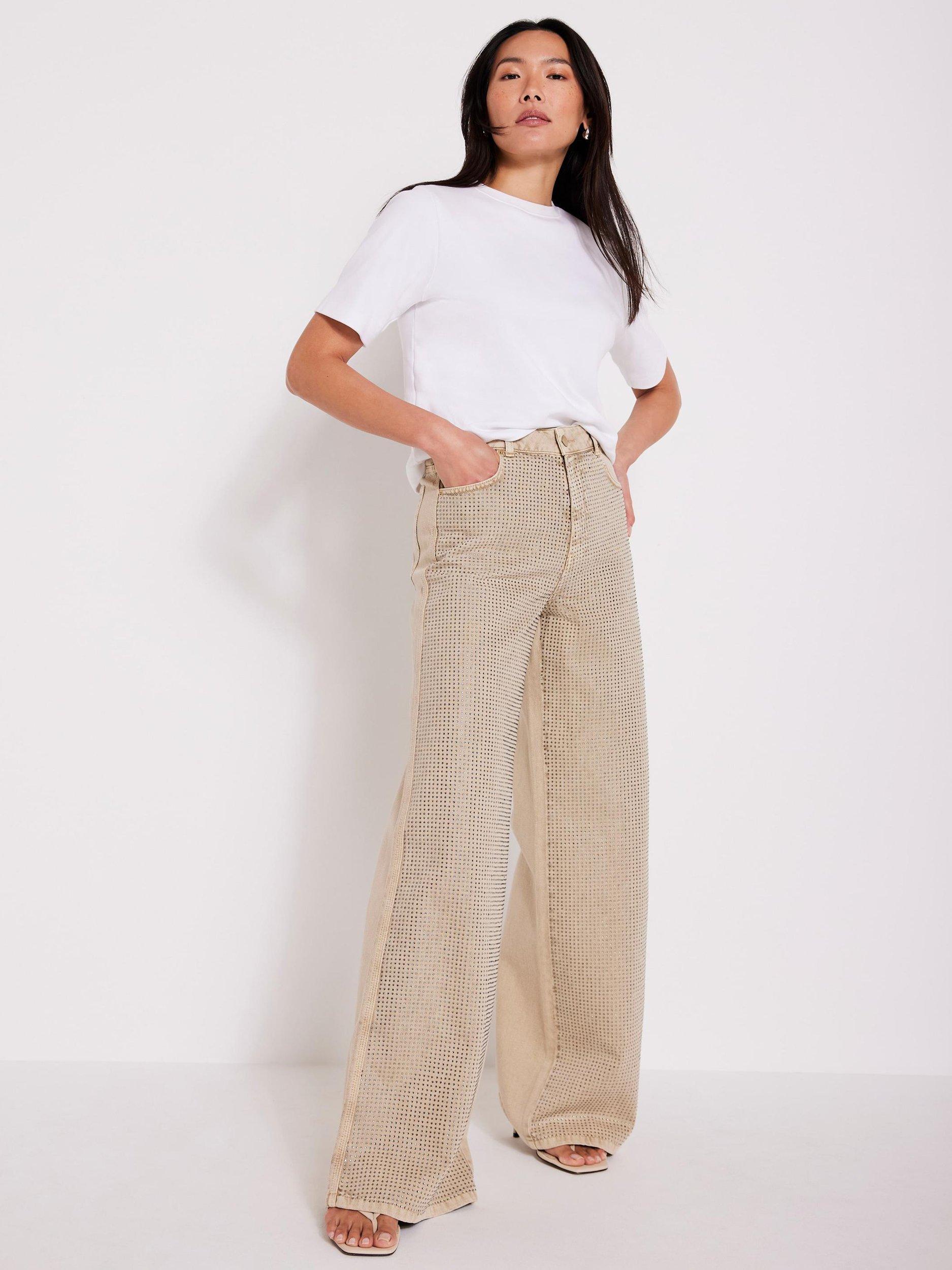 Product image 4 of 8, which shows Mint Velvet Diamante Wide Leg Jeans, Natural, 6
