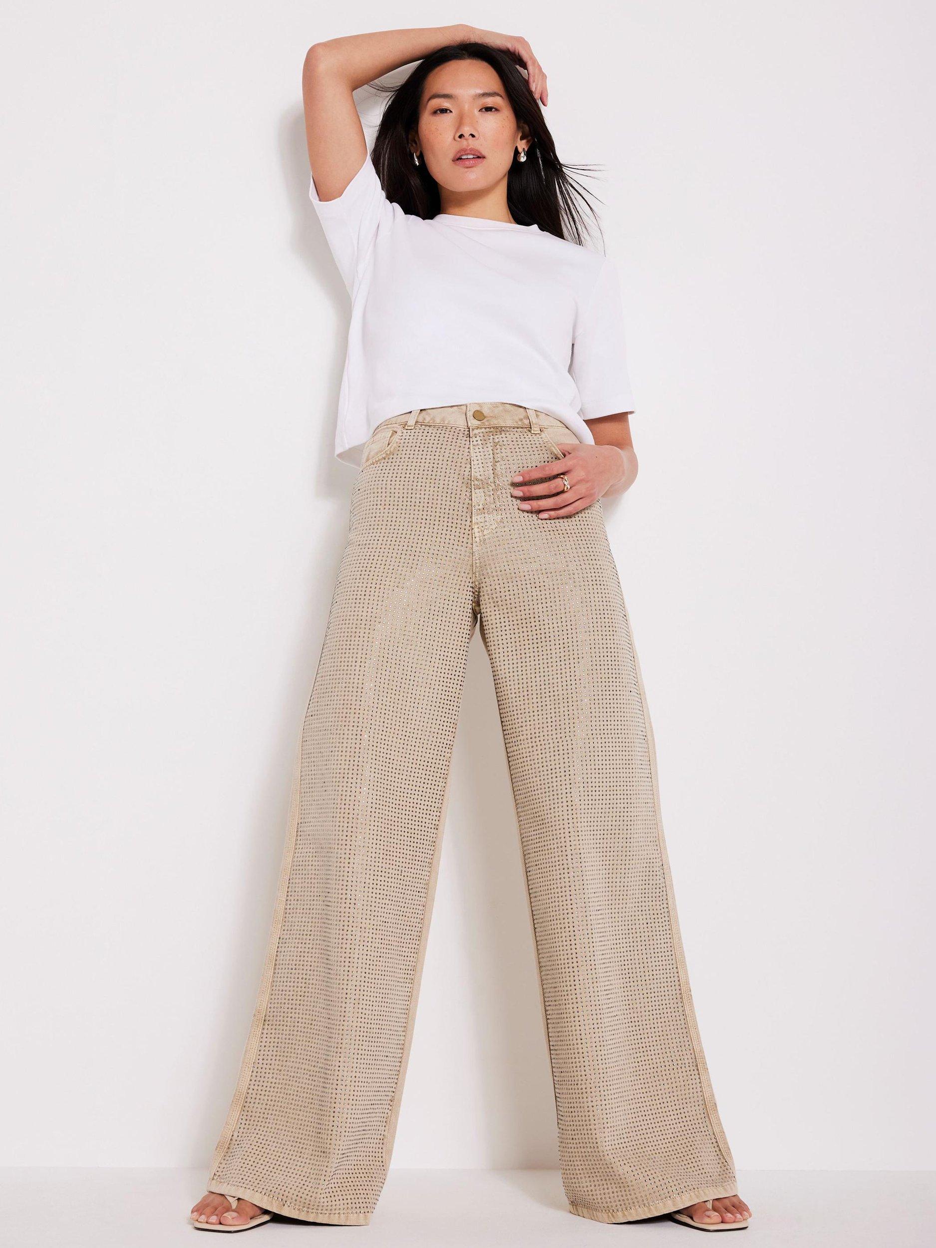 Product image 6 of 8, which shows Mint Velvet Diamante Wide Leg Jeans, Natural, 6