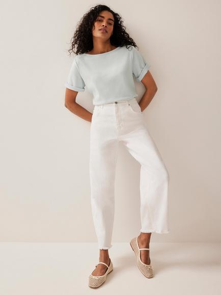 Mint Velvet Cotton Slash Neck T-Shirt - view 2, Blue/Multi