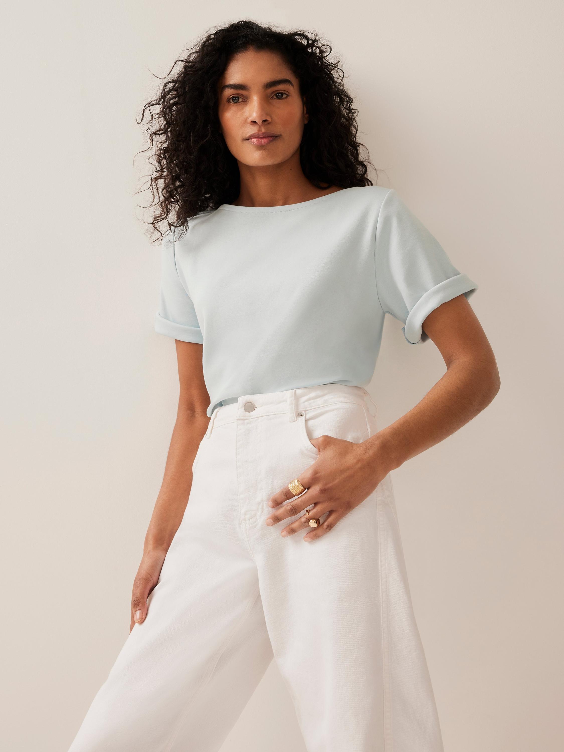 Product image 1 of 7, which shows Mint Velvet Cotton Slash Neck T-Shirt, Blue/Multi, 8|10
