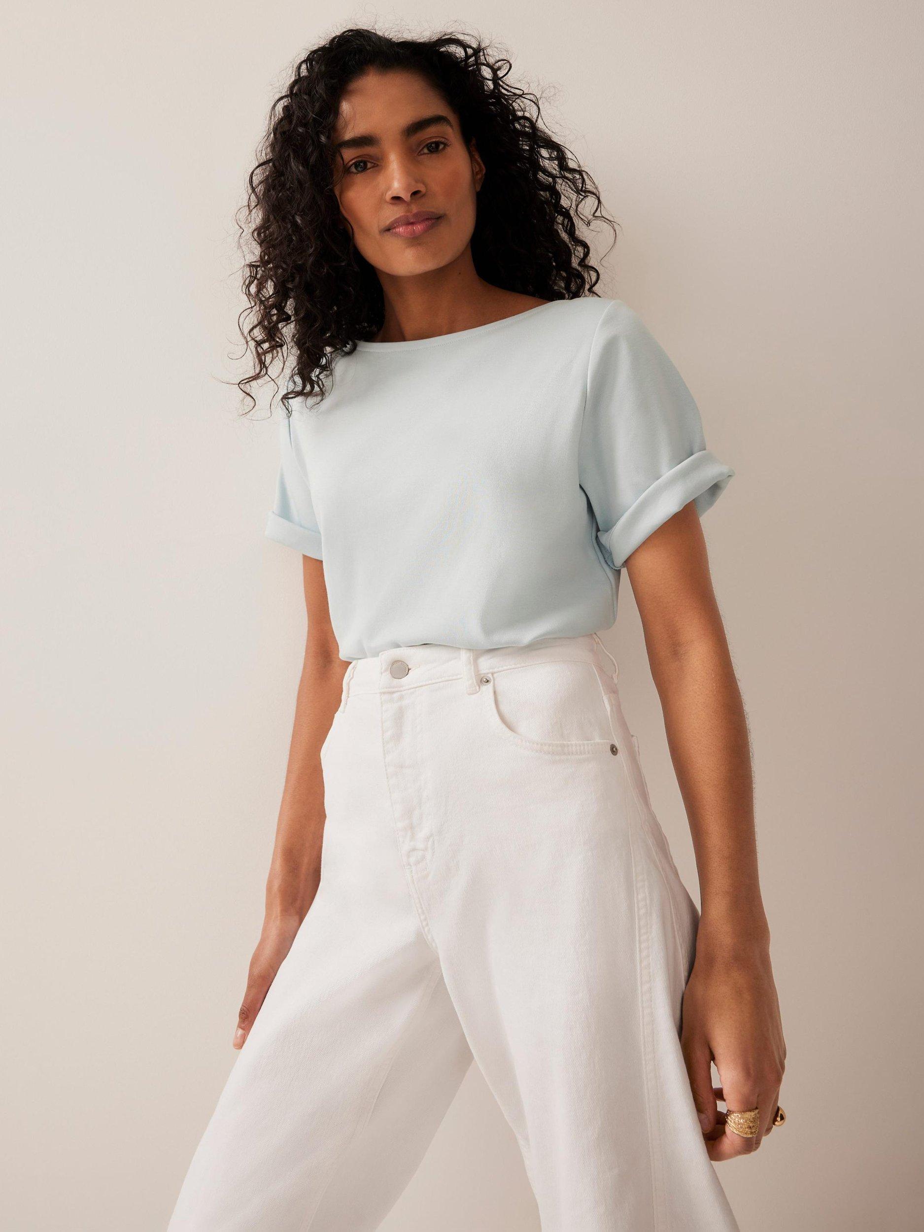 Product image 4 of 7, which shows Mint Velvet Cotton Slash Neck T-Shirt, Blue/Multi, 8|10