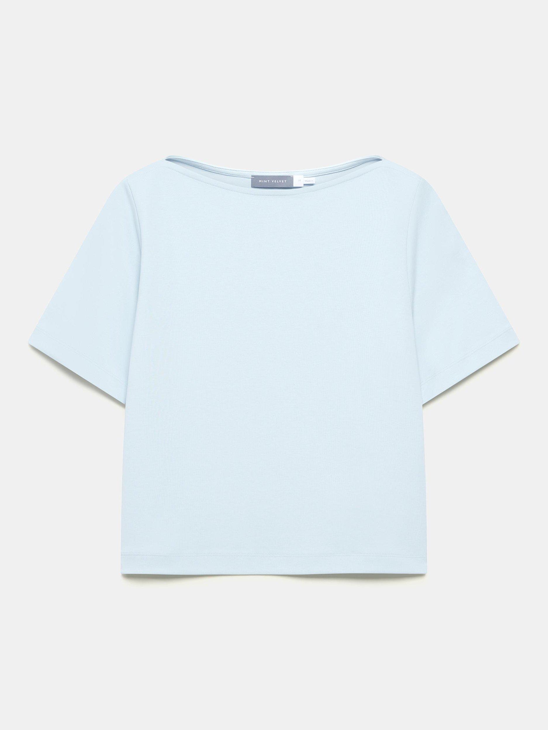 Product image 5 of 7, which shows Mint Velvet Cotton Slash Neck T-Shirt, Blue/Multi, 8|10