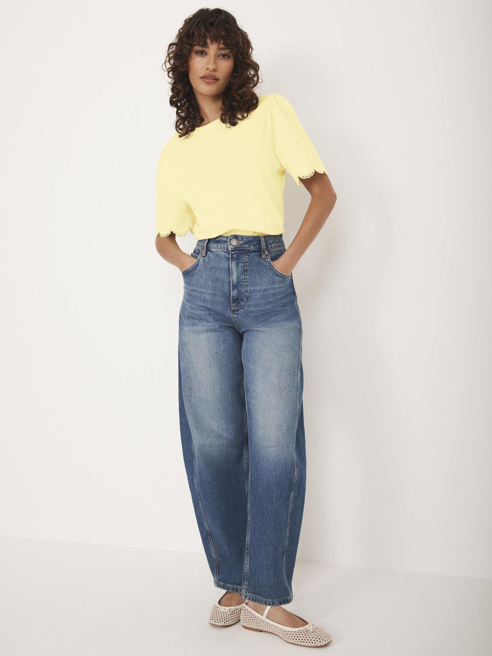 Product image 4 of 8, which shows Mint Velvet Cotton Scalloped Lace Trim T-Shirt, Yellow/Multi, 10|12