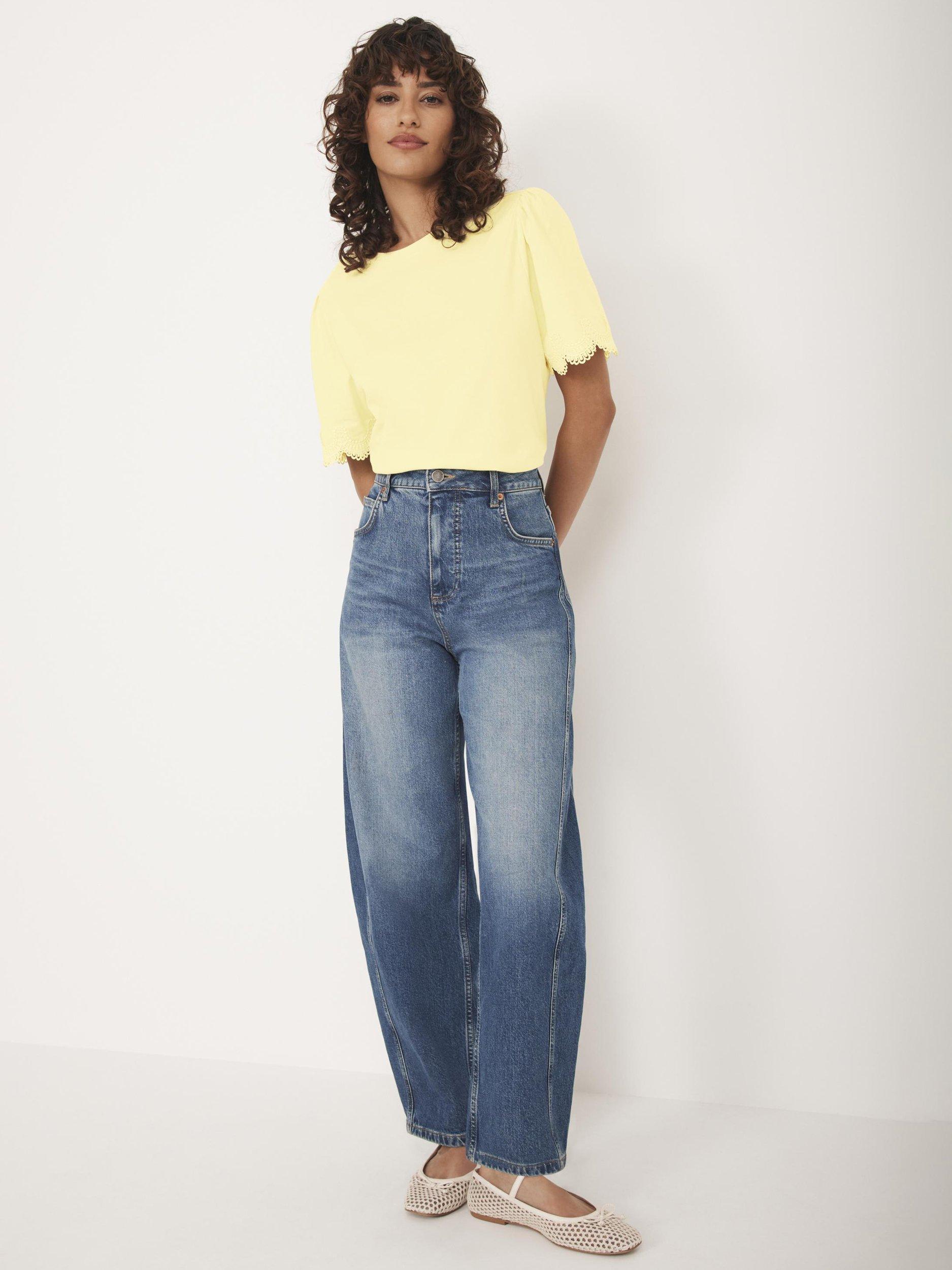 Product image 5 of 8, which shows Mint Velvet Cotton Scalloped Lace Trim T-Shirt, Yellow/Multi, 10|12