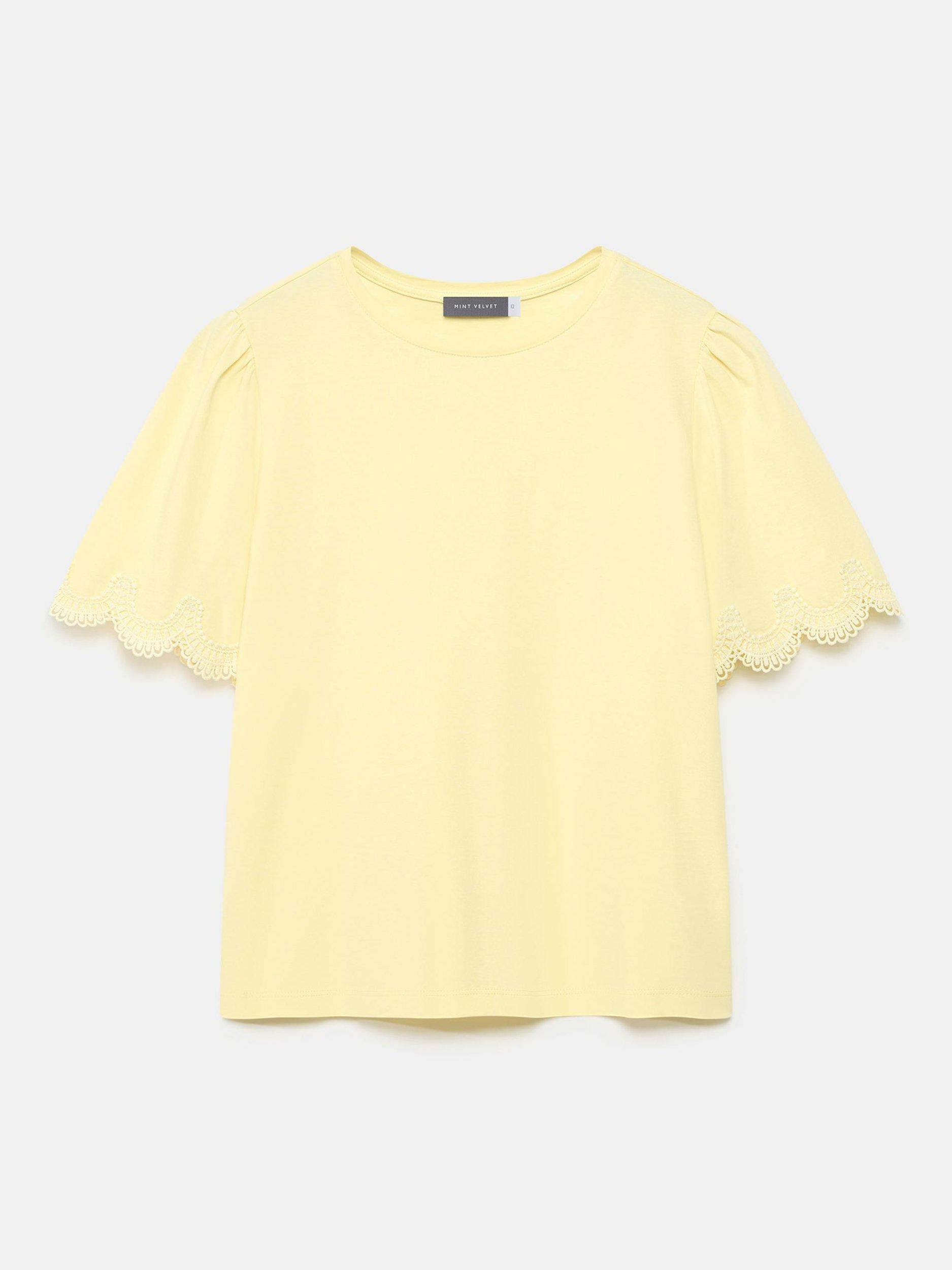 Product image 6 of 8, which shows Mint Velvet Cotton Scalloped Lace Trim T-Shirt, Yellow/Multi, 10|12