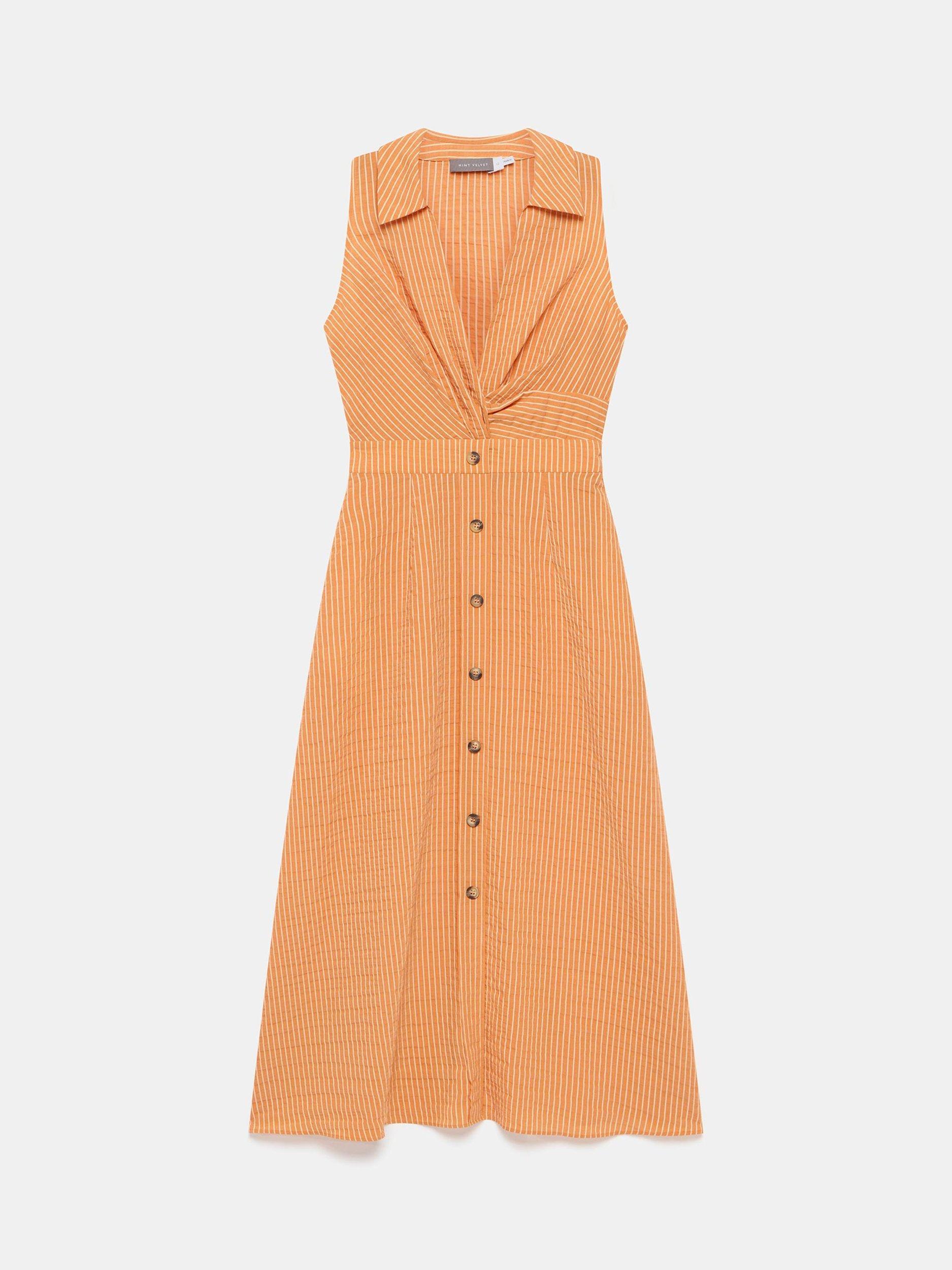 Product image 7 of 7, which shows Mint Velvet Sleeveless Striped Midi Dress, Orange/Multi, 8