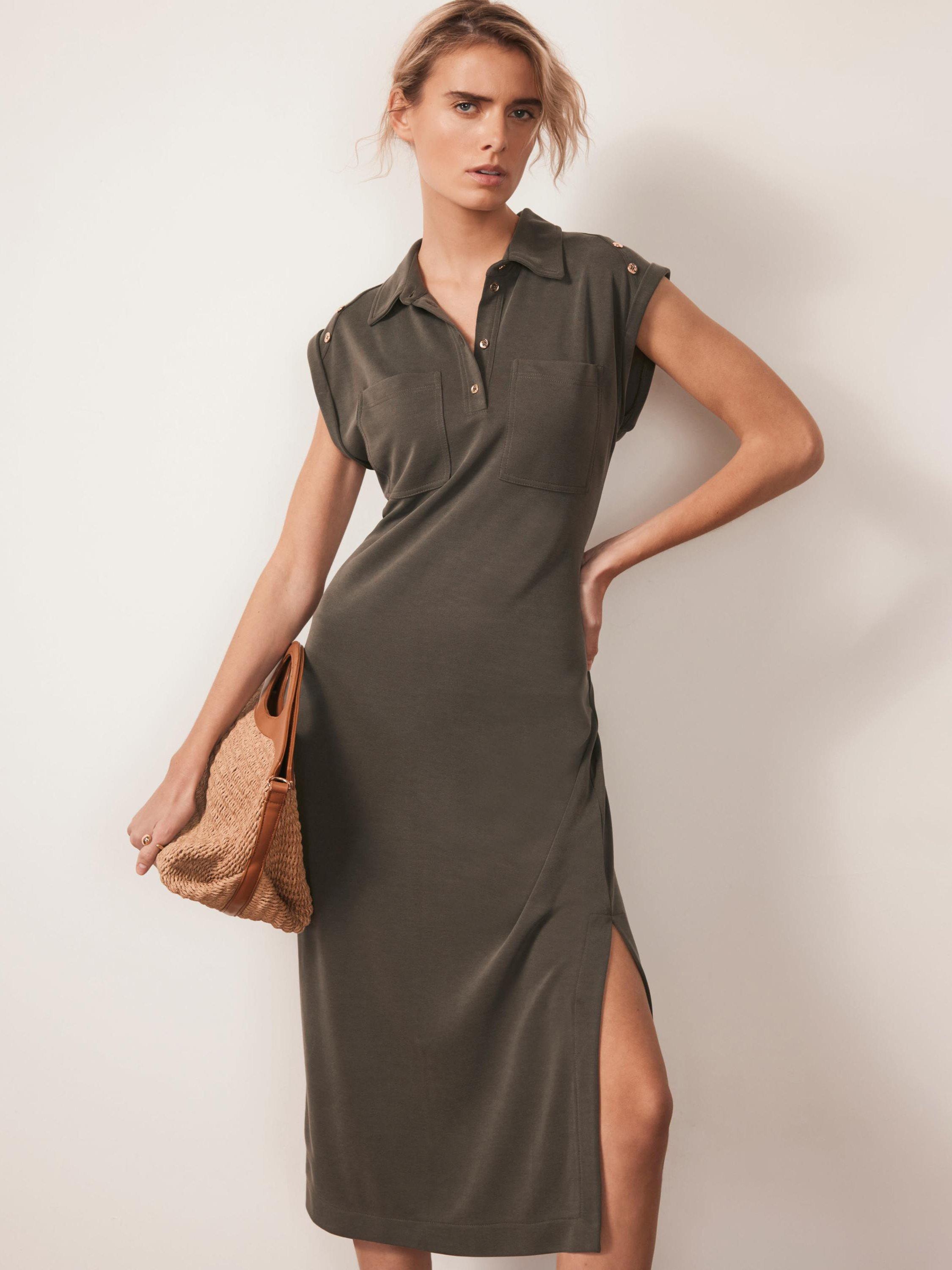 Product image 1 of 8, which shows Mint Velvet Cap Sleeved Utility Midi Dress, Khaki, 6|8