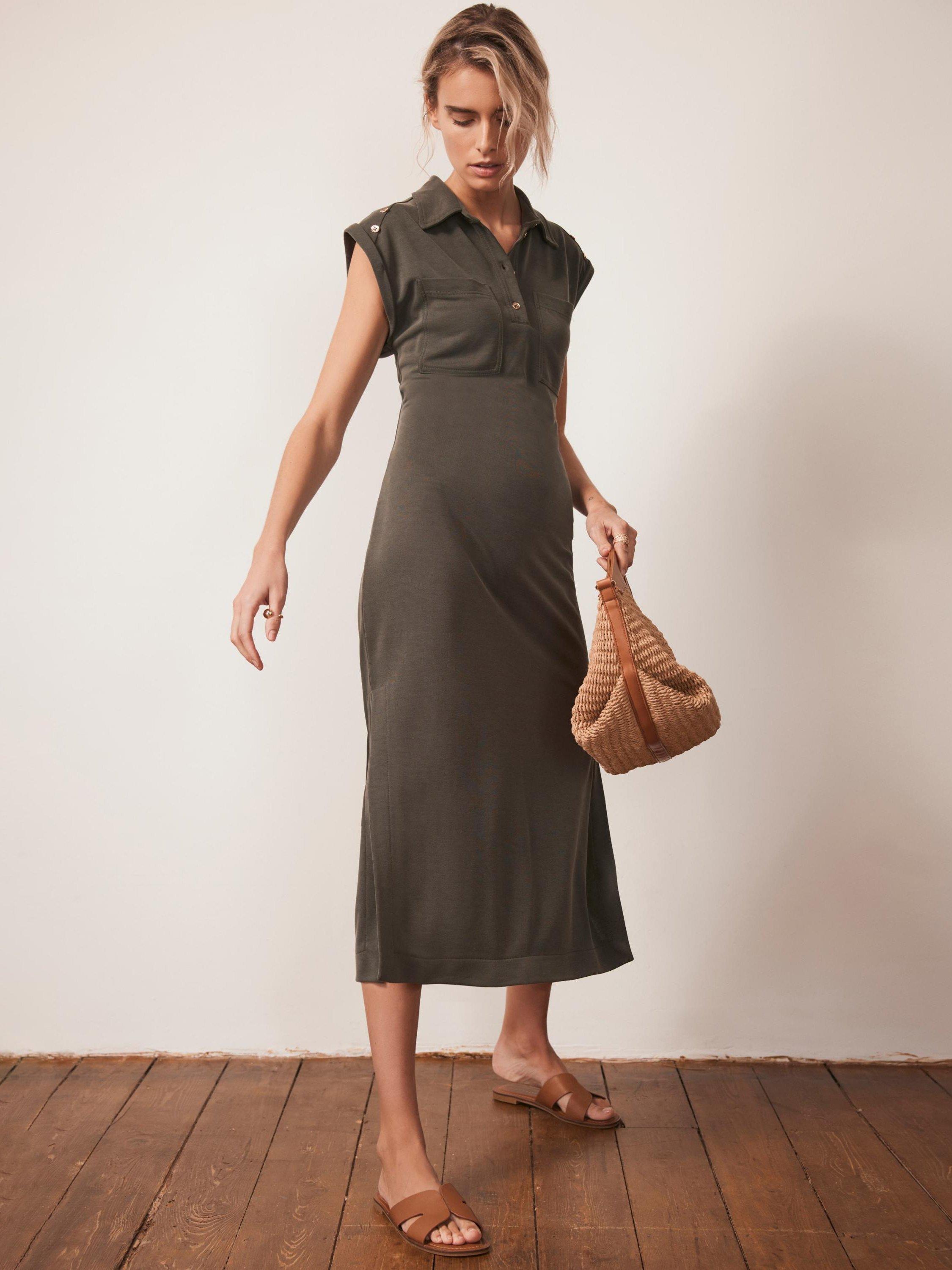 Product image 2 of 8, which shows Mint Velvet Cap Sleeved Utility Midi Dress, Khaki, 6|8