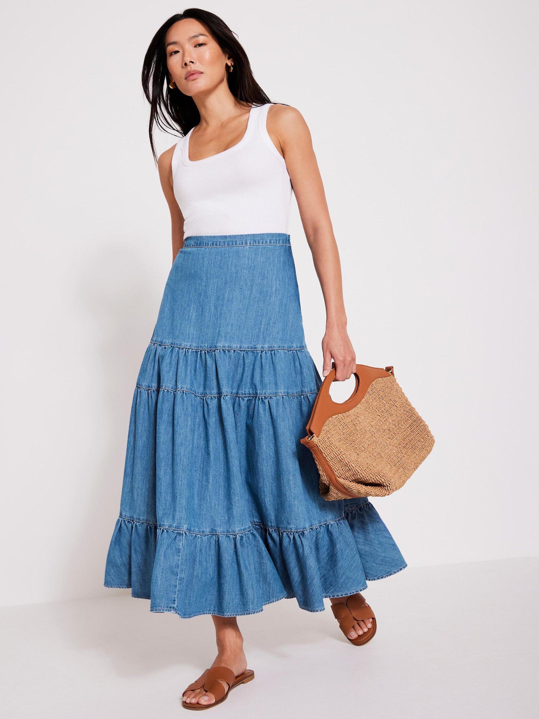 Product image 1 of 8, which shows Mint Velvet Tiered Denim Midi Skirt, Blue, XS