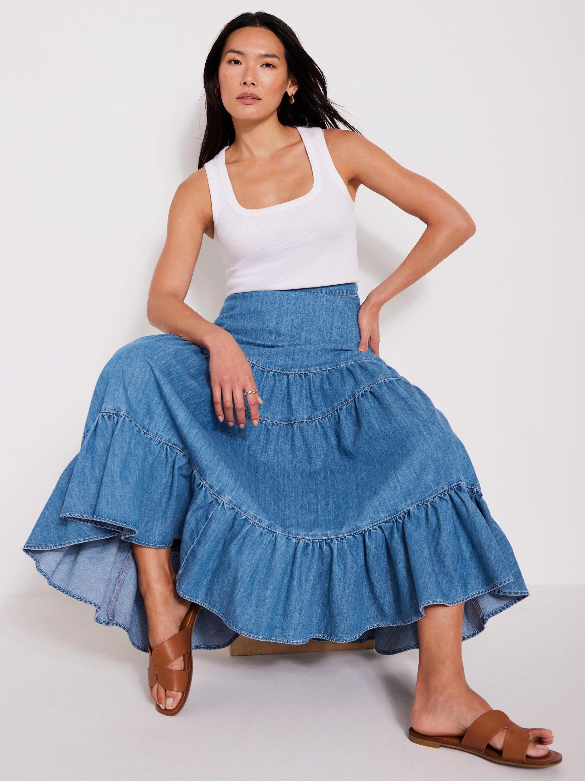 Product image 4 of 8, which shows Mint Velvet Tiered Denim Midi Skirt, Blue, XS