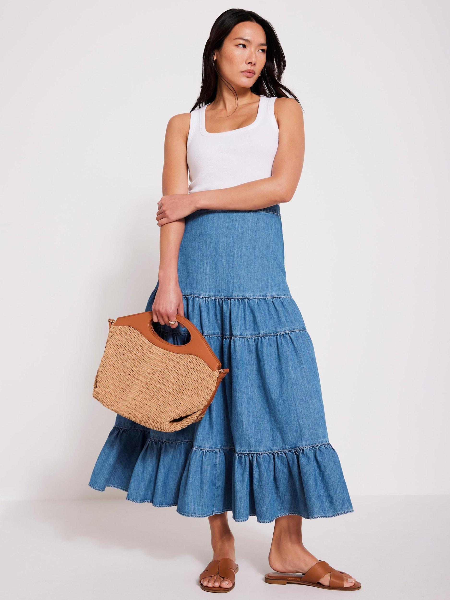 Product image 5 of 8, which shows Mint Velvet Tiered Denim Midi Skirt, Blue, XS