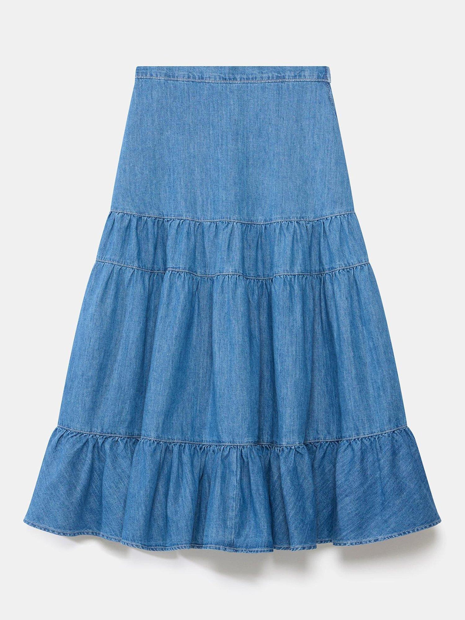 Product image 6 of 8, which shows Mint Velvet Tiered Denim Midi Skirt, Blue, XS