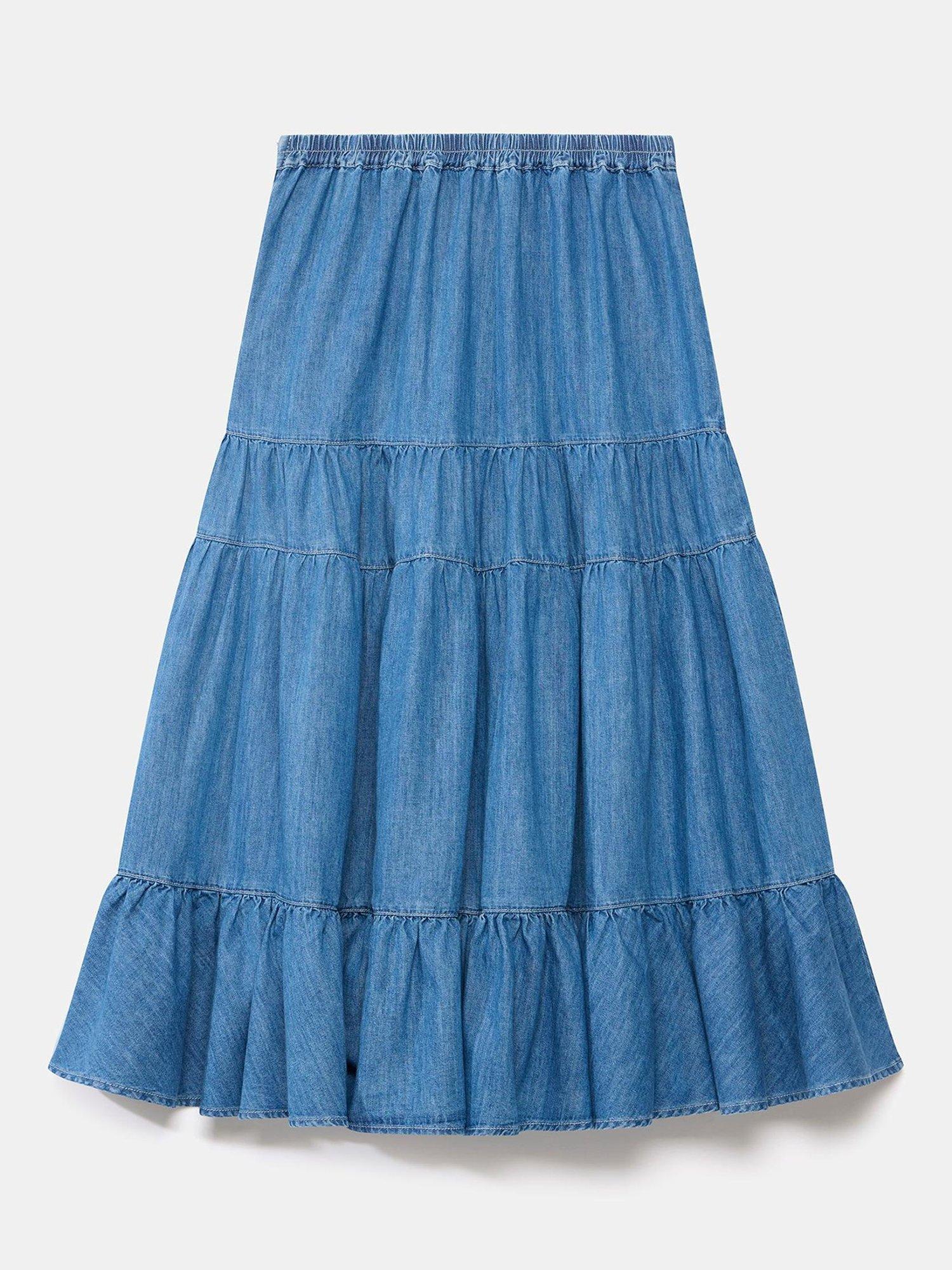 Product image 7 of 8, which shows Mint Velvet Tiered Denim Midi Skirt, Blue, XS