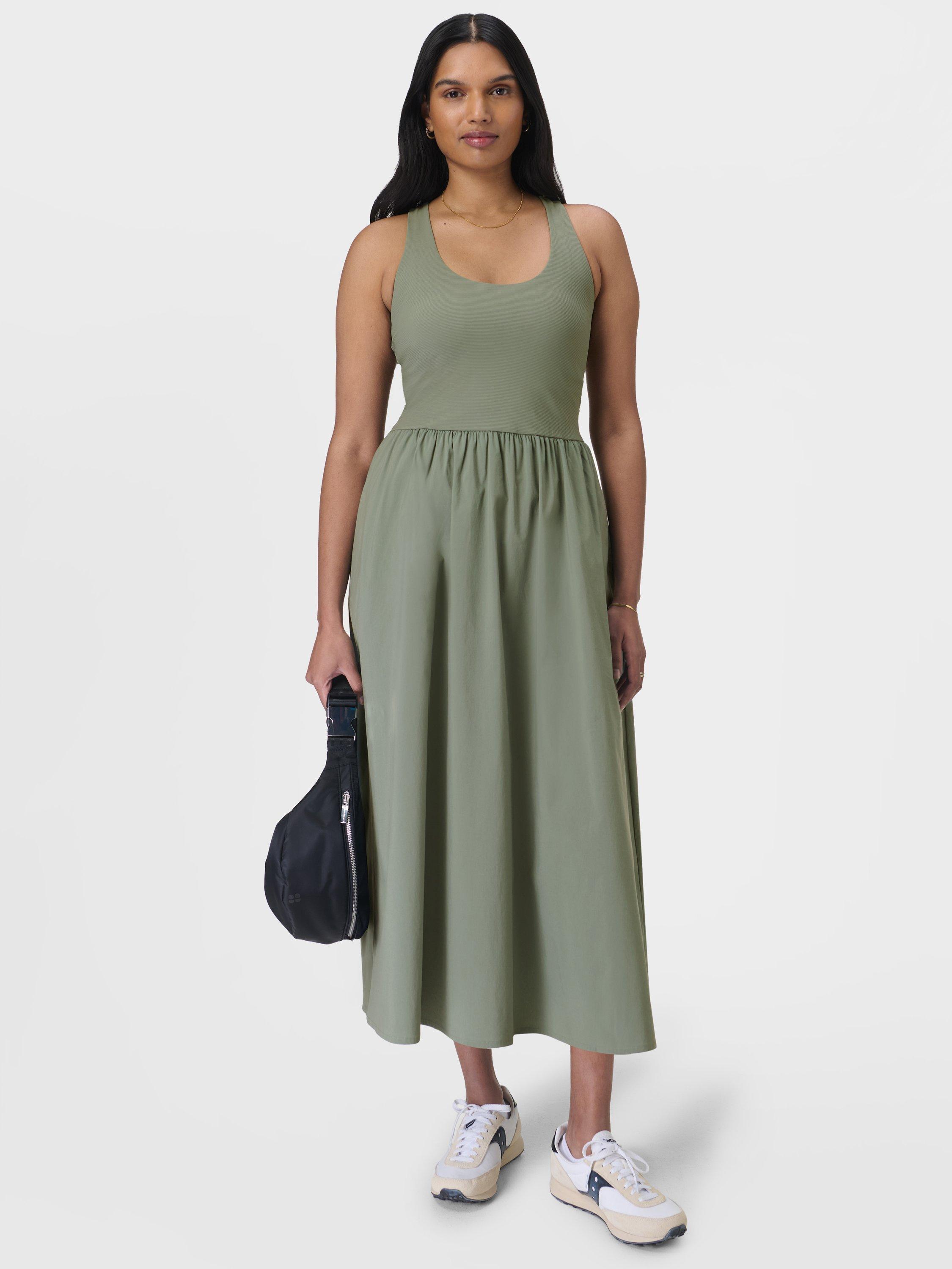 Product image 1 of 6, which shows Sweaty Betty Explorer Ribbed Racer Dress, Willow Green, XXS