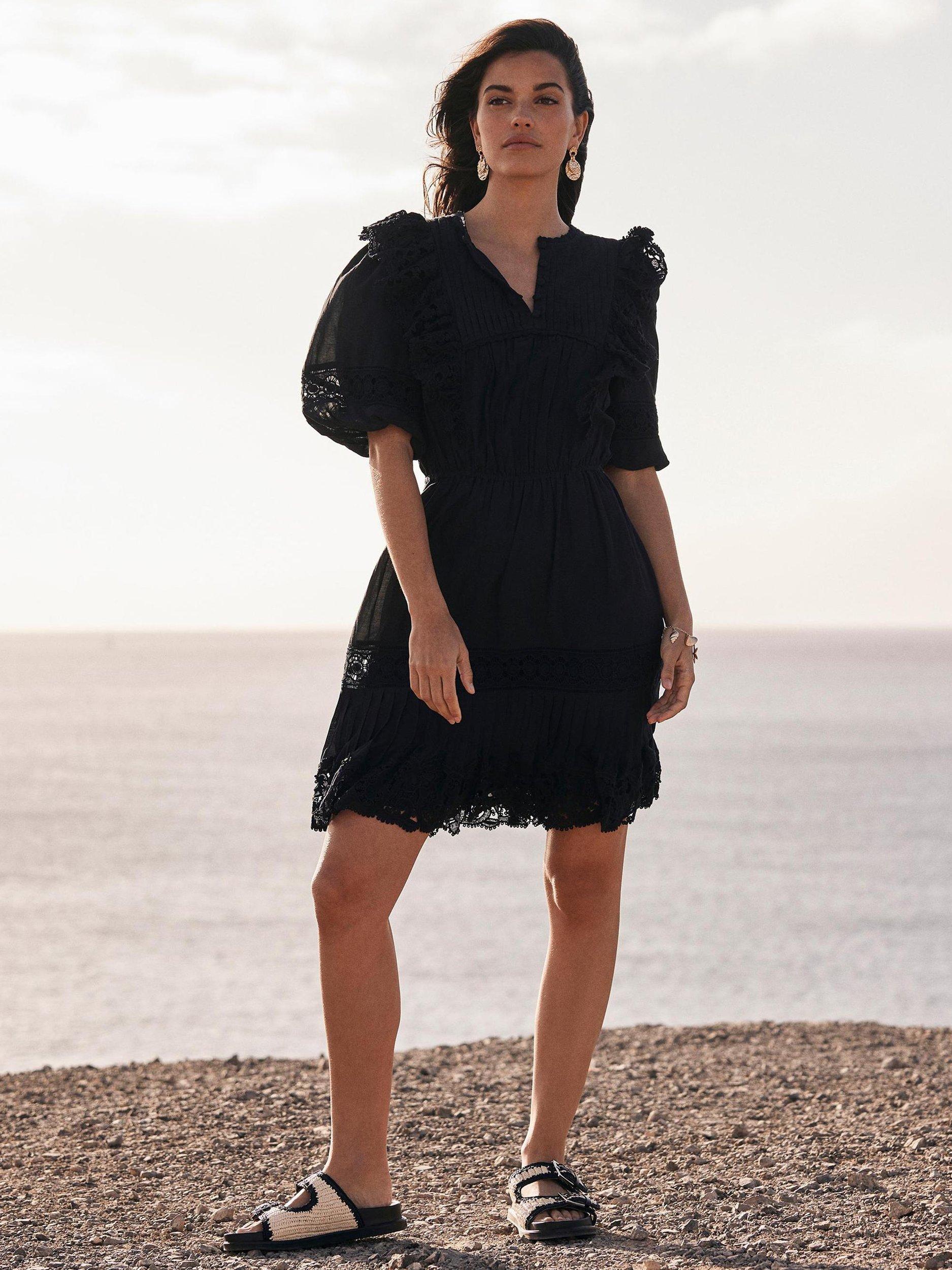 Product image 1 of 8, which shows Mint Velvet Cotton Blend Ruffle Mini Dress, Black, 14