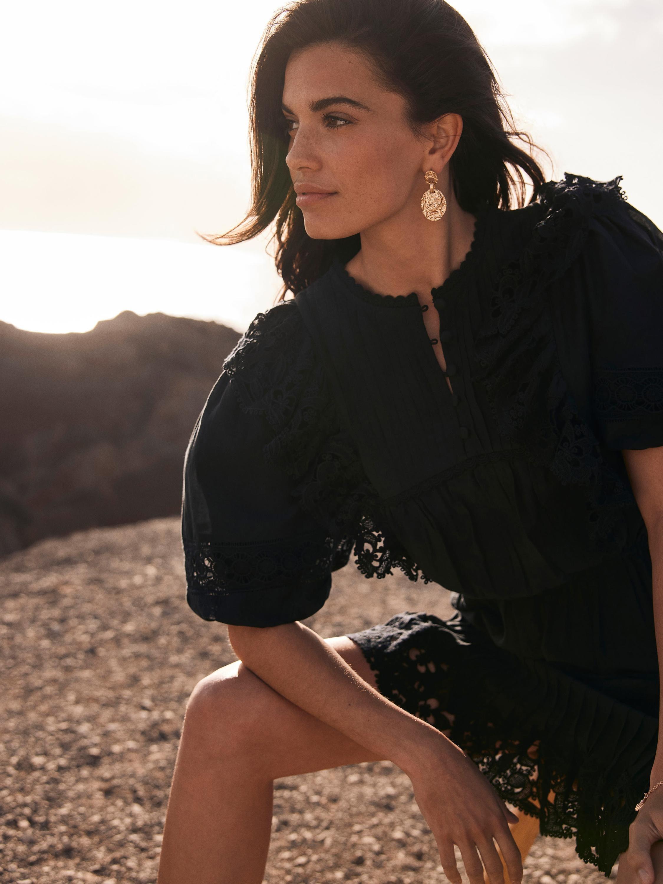 Product image 3 of 8, which shows Mint Velvet Cotton Blend Ruffle Mini Dress, Black, 14