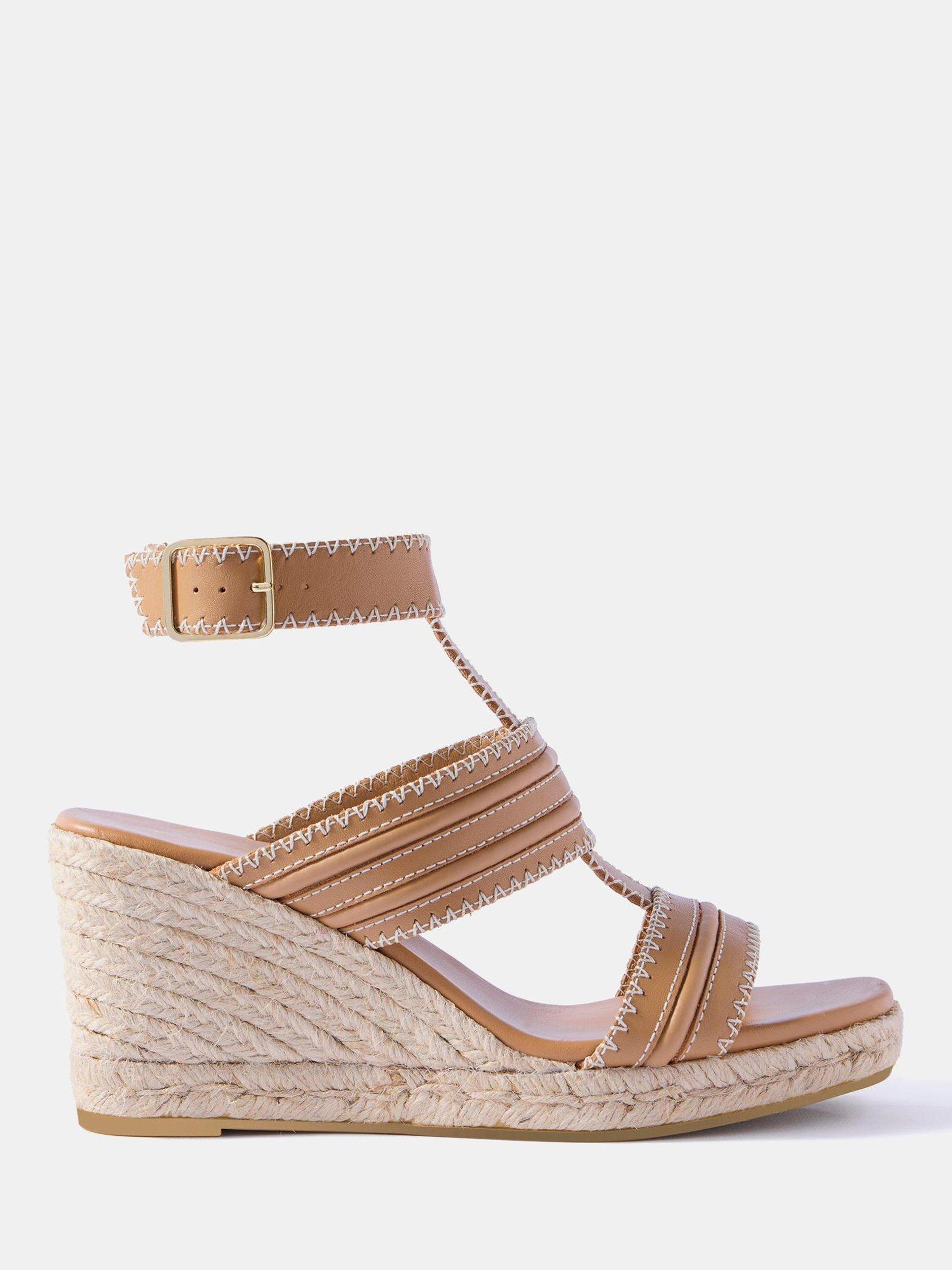 Product image 1 of 3, which shows Mint Velvet Ria Leather Whipstitch Wedge Heel Sandals, Natural, 4