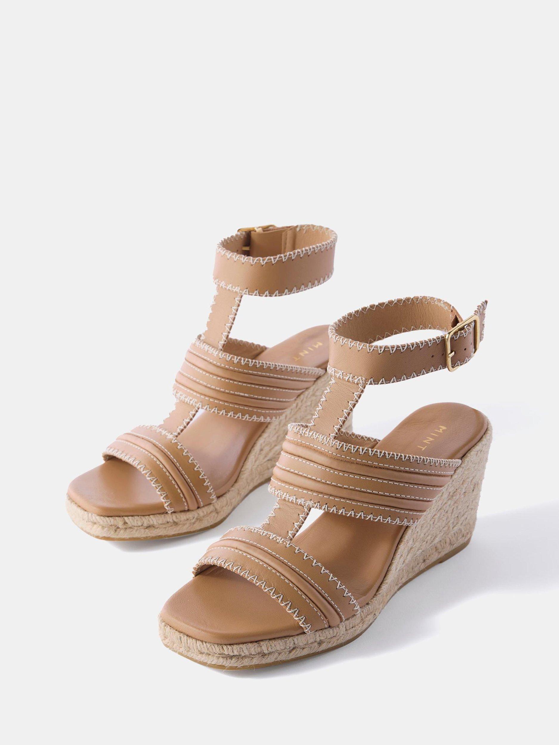 Product image 3 of 3, which shows Mint Velvet Ria Leather Whipstitch Wedge Heel Sandals, Natural, 4