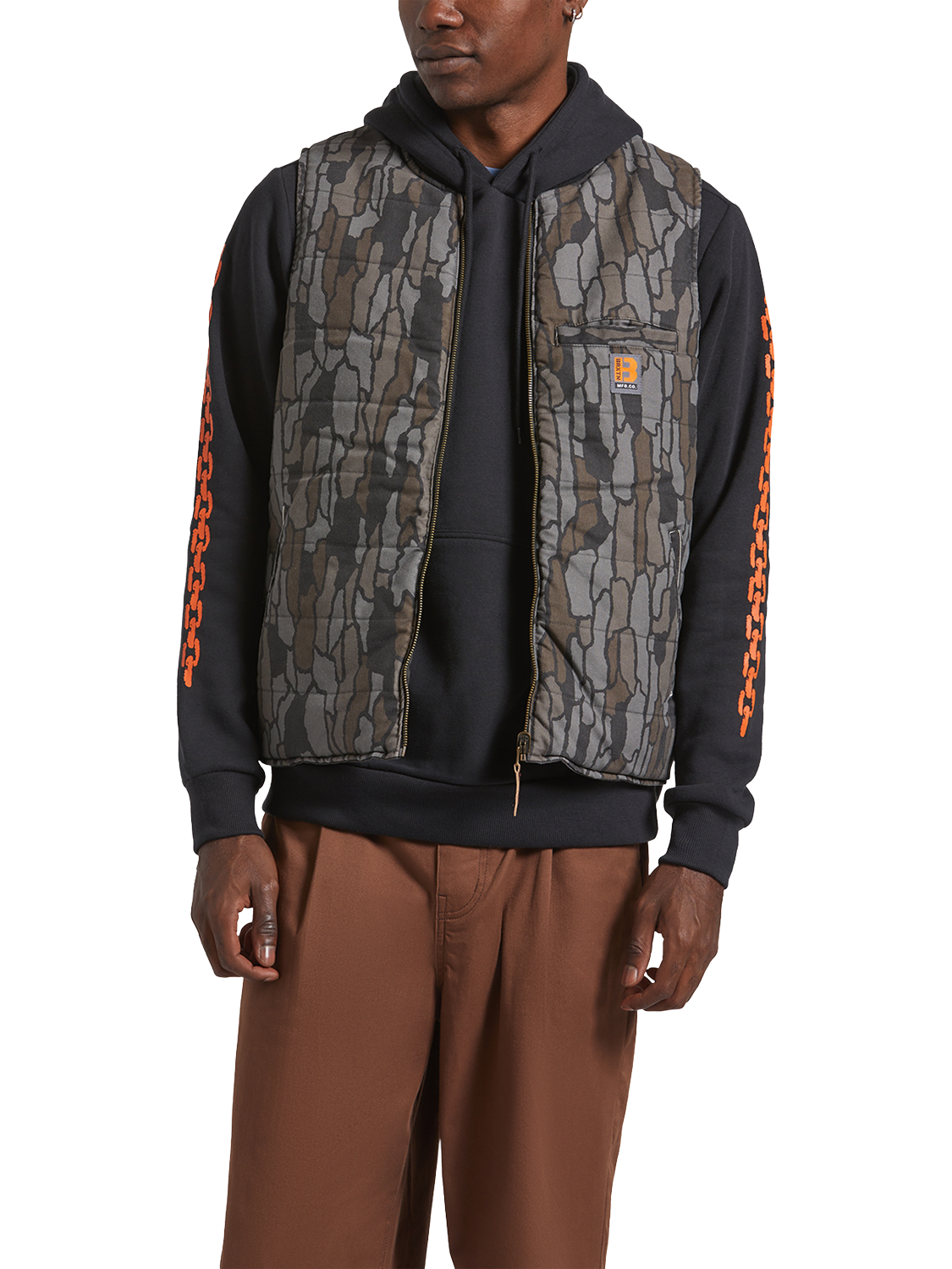 Product image 1 of 7, which shows Brixton Builders Abraham Reversible Gilet, Bark Camo, S