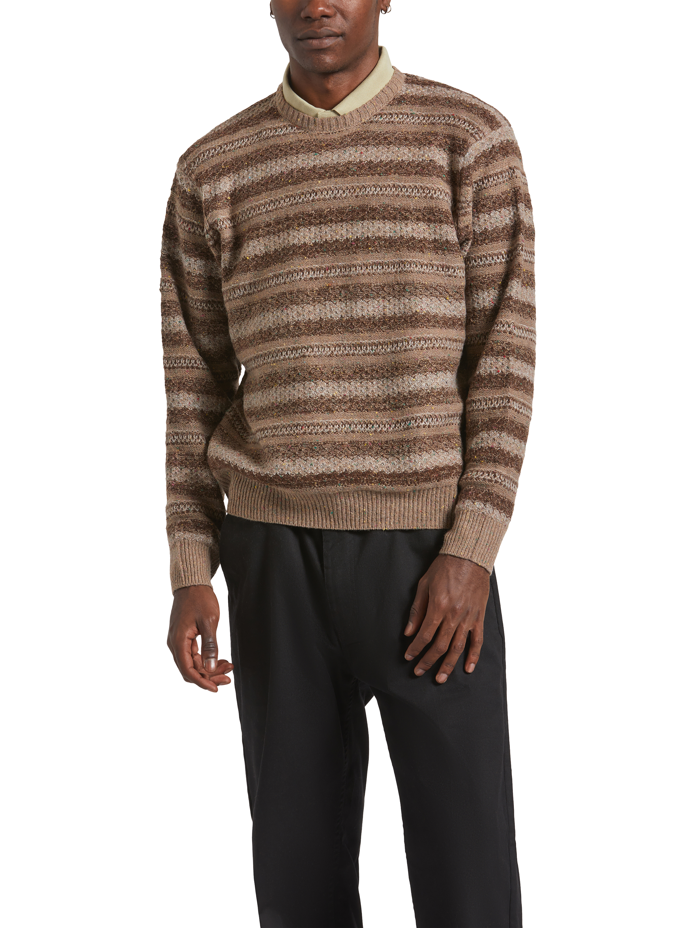 Product image 1 of 6, which shows Brixton Midnight Textured Crew Neck Jumper, Multi Neutral Stripe, M
