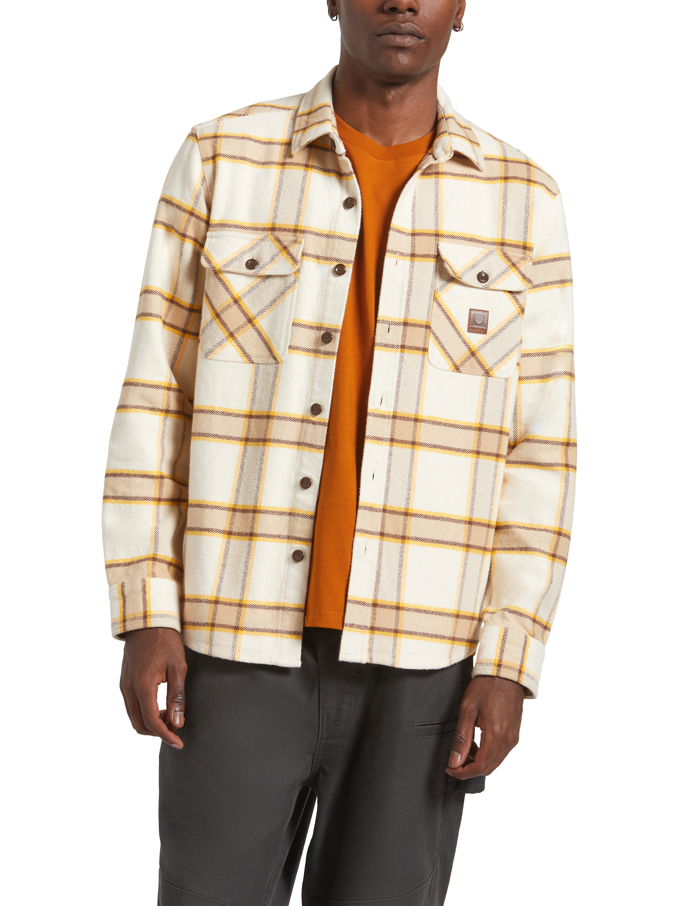 Product image 1 of 7, which shows Brixton Bowery Cotton Blend Regular Fit Check Flannel Shirt, Whitecap, M