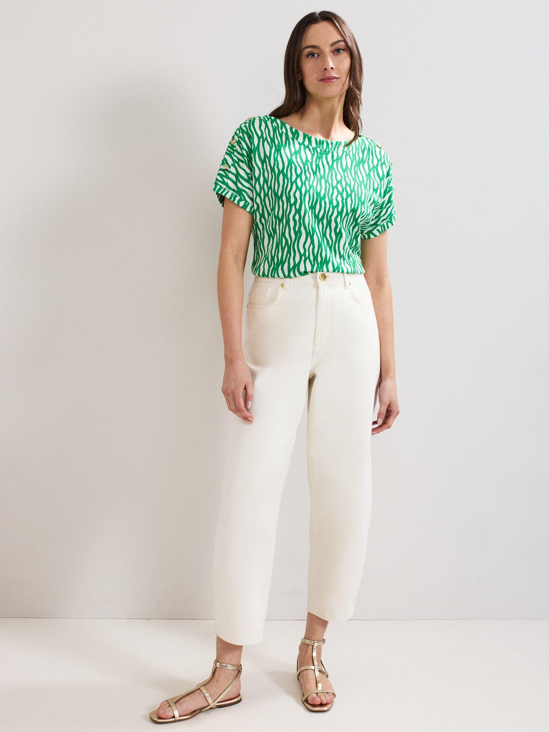 Product image 3 of 8, which shows Phase Eight Suzie Cotton Short Sleeve Top, Green/Multi, 8