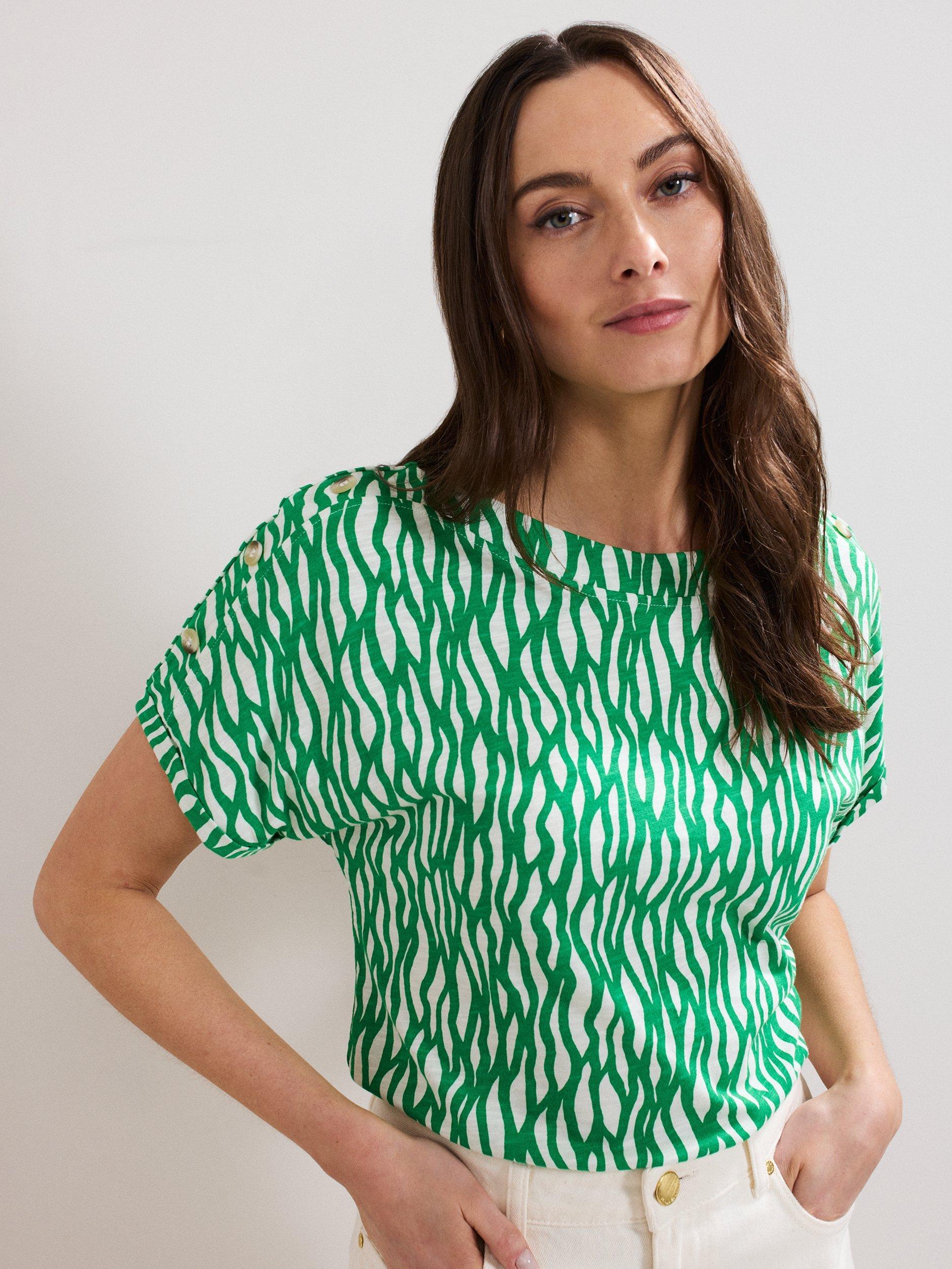 Product image 4 of 8, which shows Phase Eight Suzie Cotton Short Sleeve Top, Green/Multi, 8