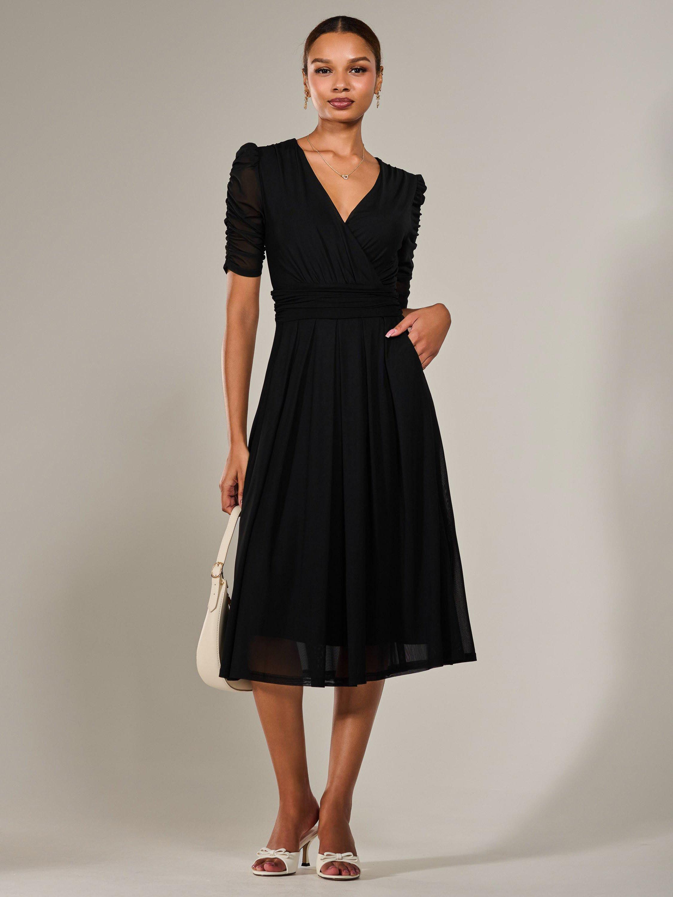 Product image 1 of 6, which shows Jolie Moi V-Neck Ruched Sleeved Midi Dress, Black, 8