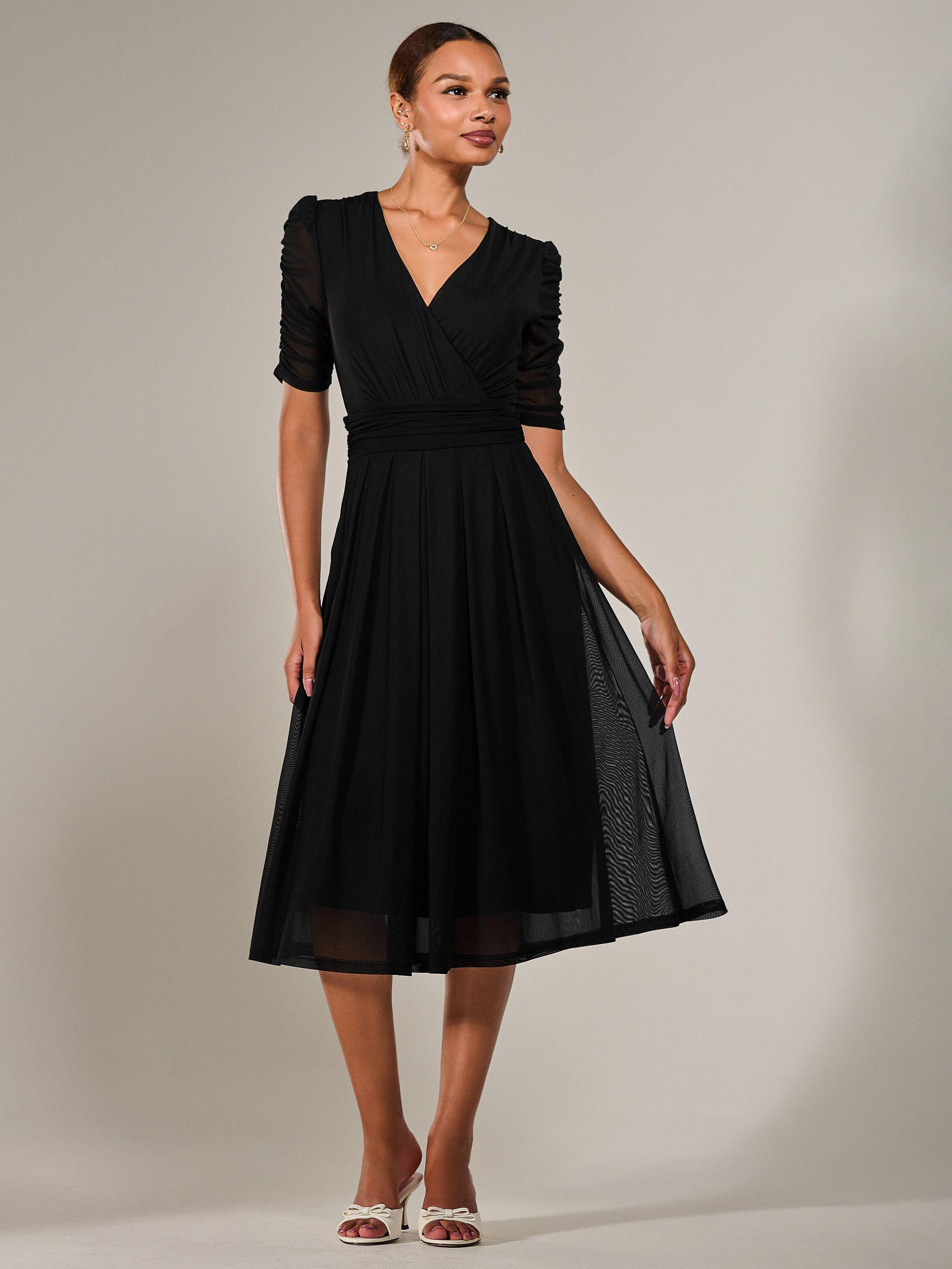 Product image 2 of 6, which shows Jolie Moi V-Neck Ruched Sleeved Midi Dress, Black, 8
