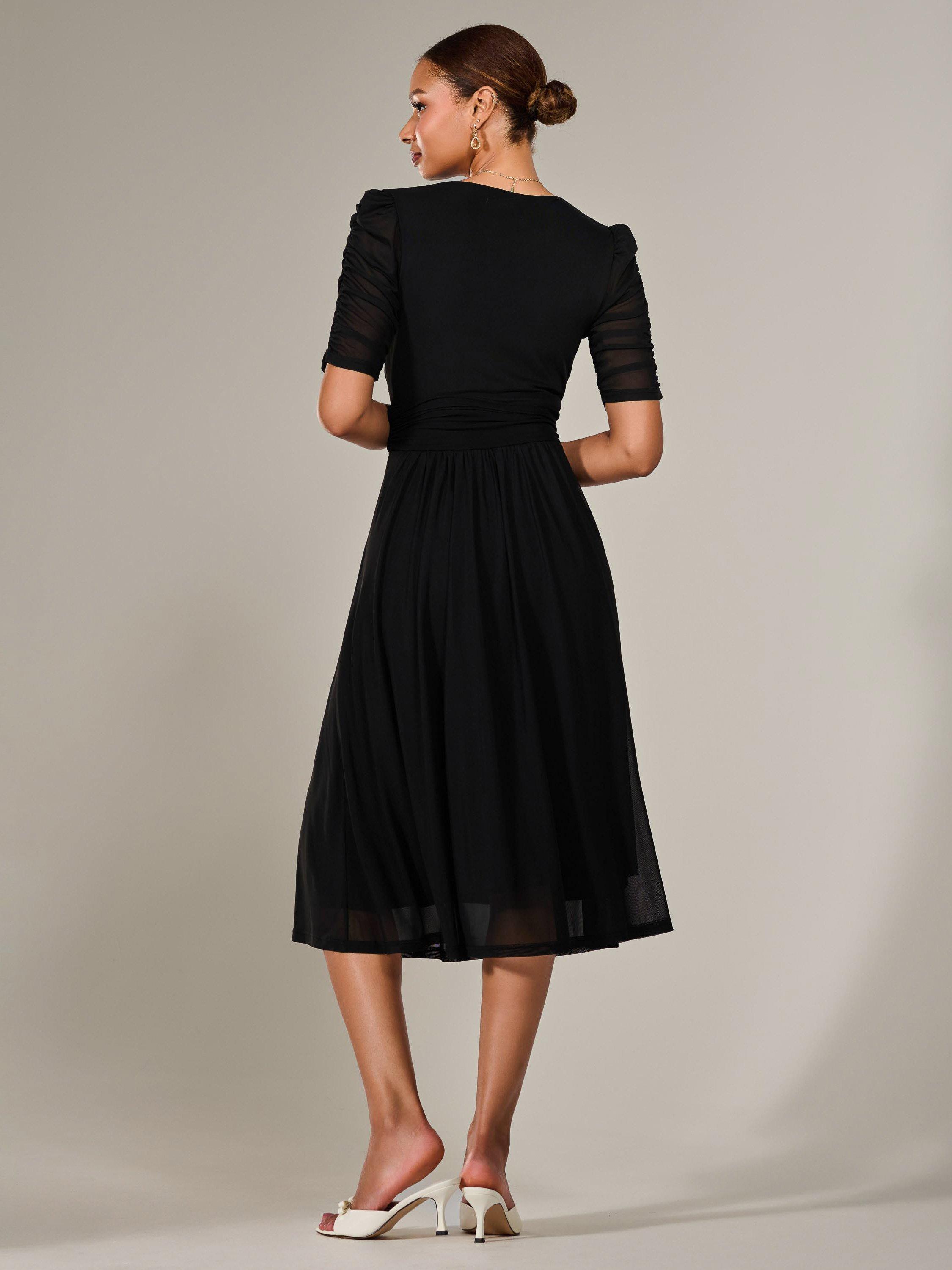 Product image 3 of 6, which shows Jolie Moi V-Neck Ruched Sleeved Midi Dress, Black, 8