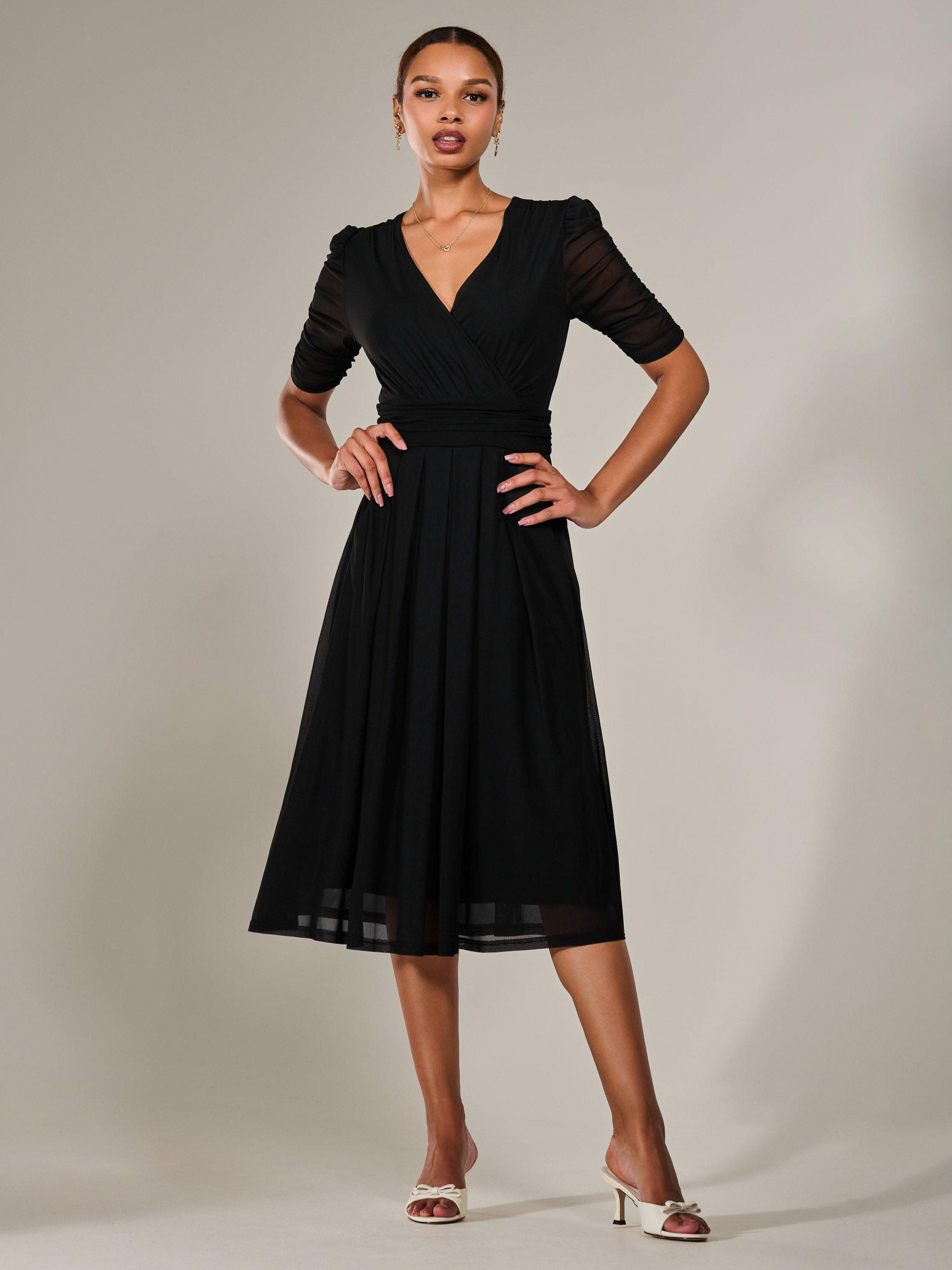 Product image 5 of 6, which shows Jolie Moi V-Neck Ruched Sleeved Midi Dress, Black, 8