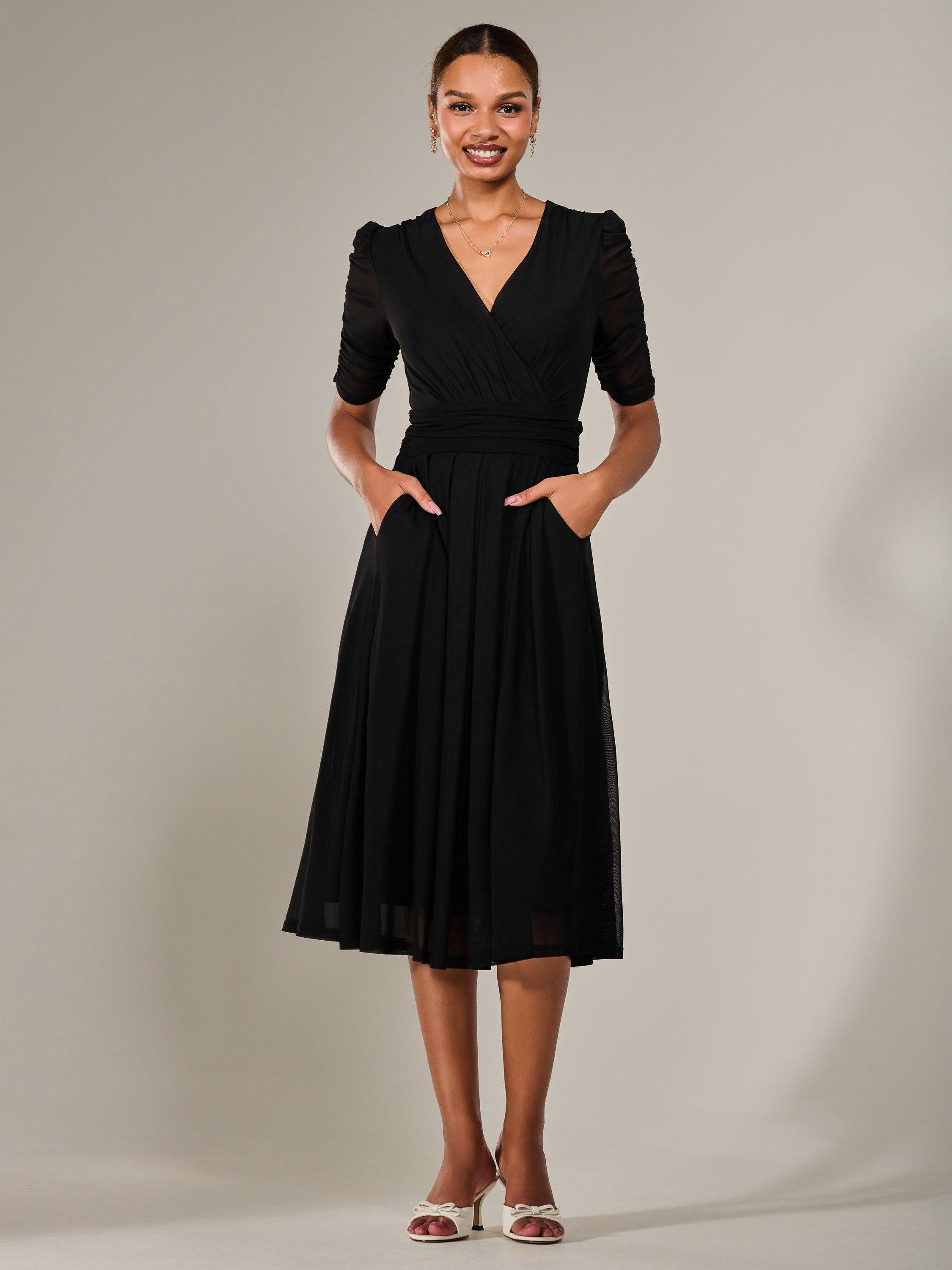Product image 6 of 6, which shows Jolie Moi V-Neck Ruched Sleeved Midi Dress, Black, 8