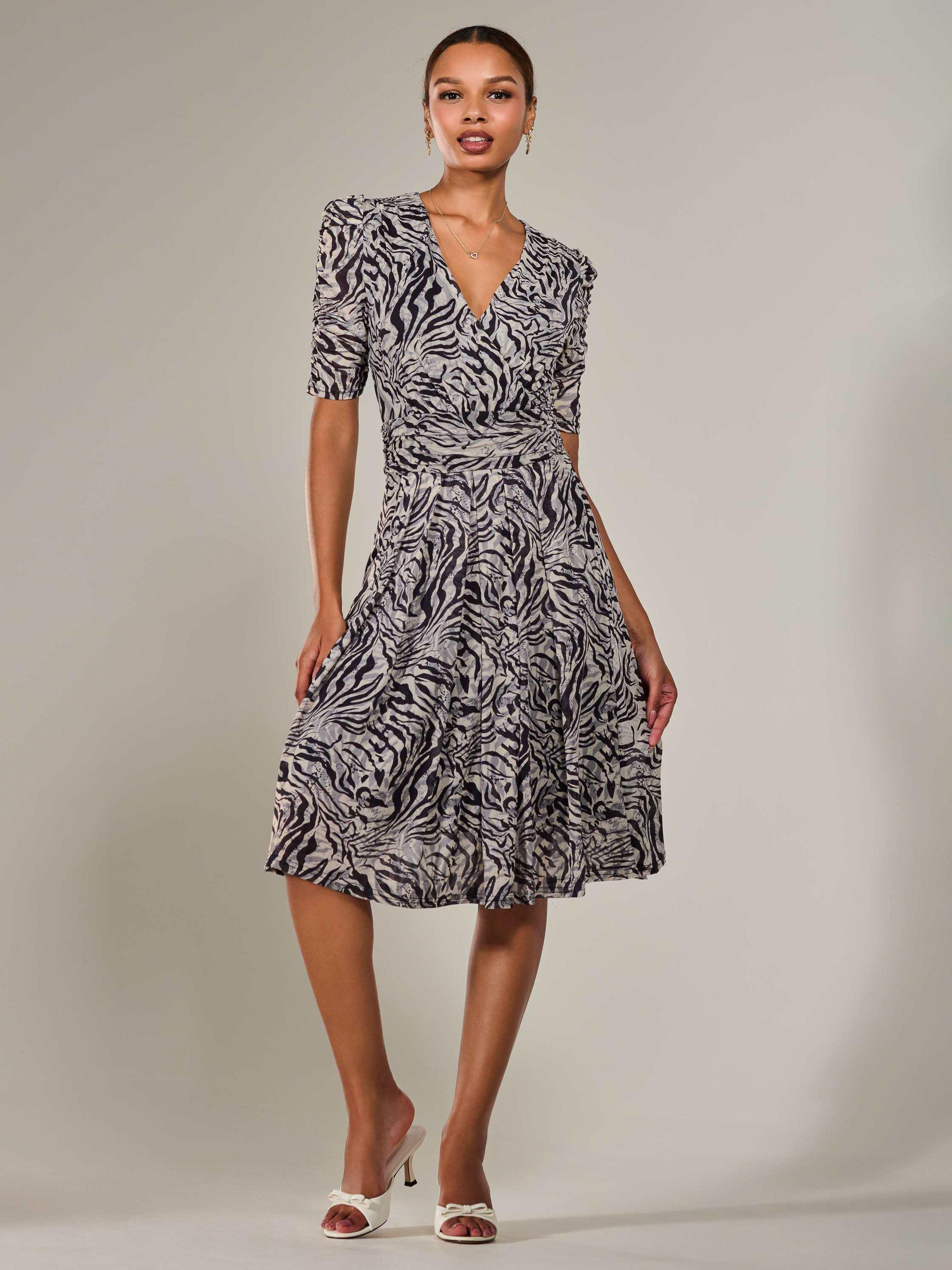 Product image 5 of 7, which shows Jolie Moi Ruched Wrap Style Animal Print Midi Dress, Grey/Black, 8