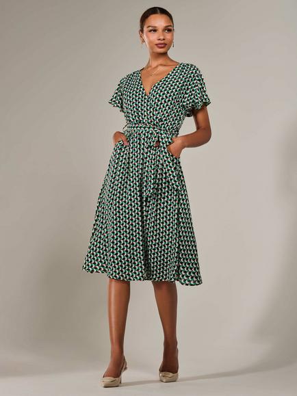 Jolie Moi Short Sleeved Geometric Print Midi Dress, Multi - view 2, Multi