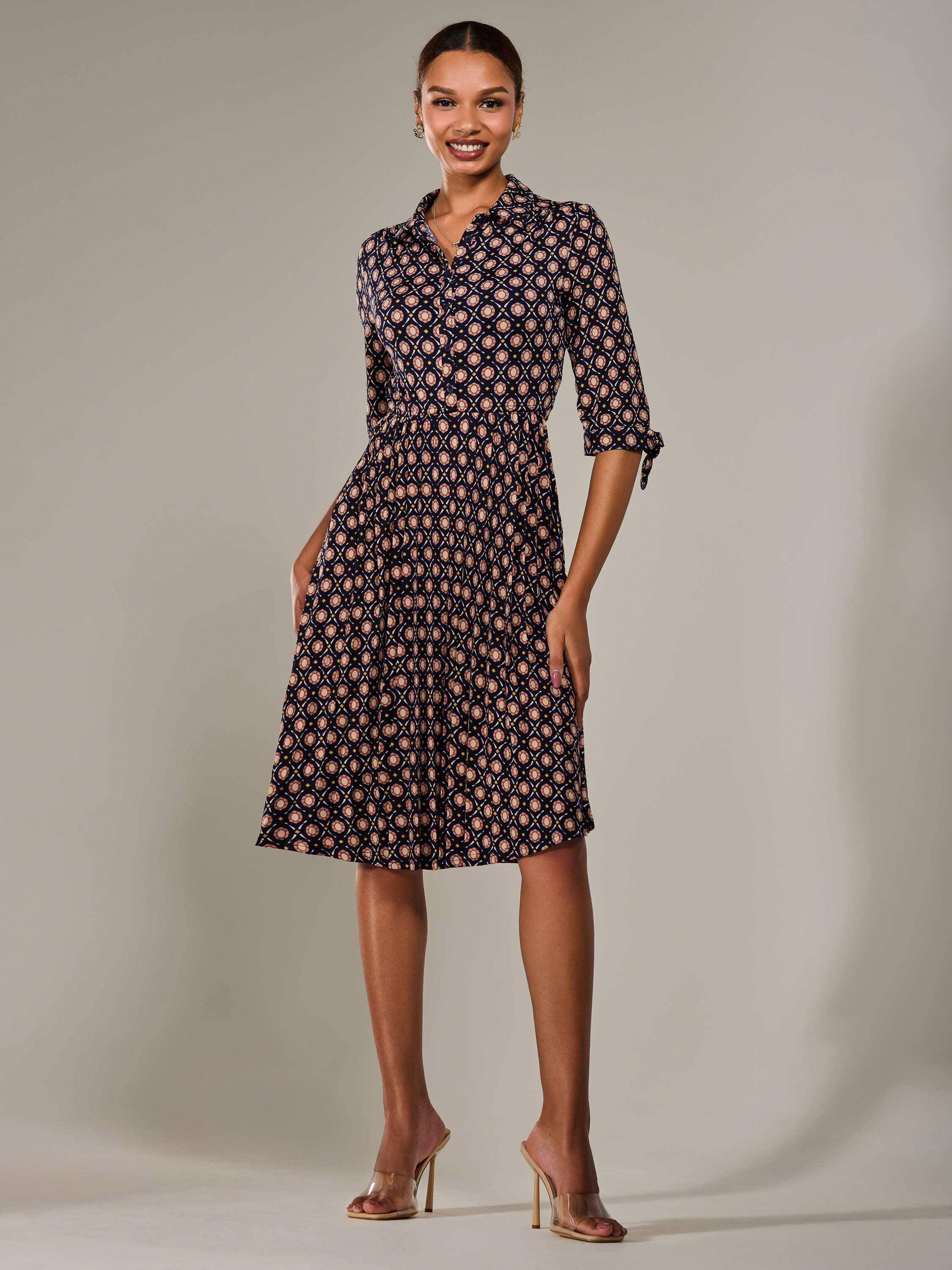 Product image 1 of 7, which shows Jolie Moi Button Up Abstract Print Shirt Dress, Navy, 8
