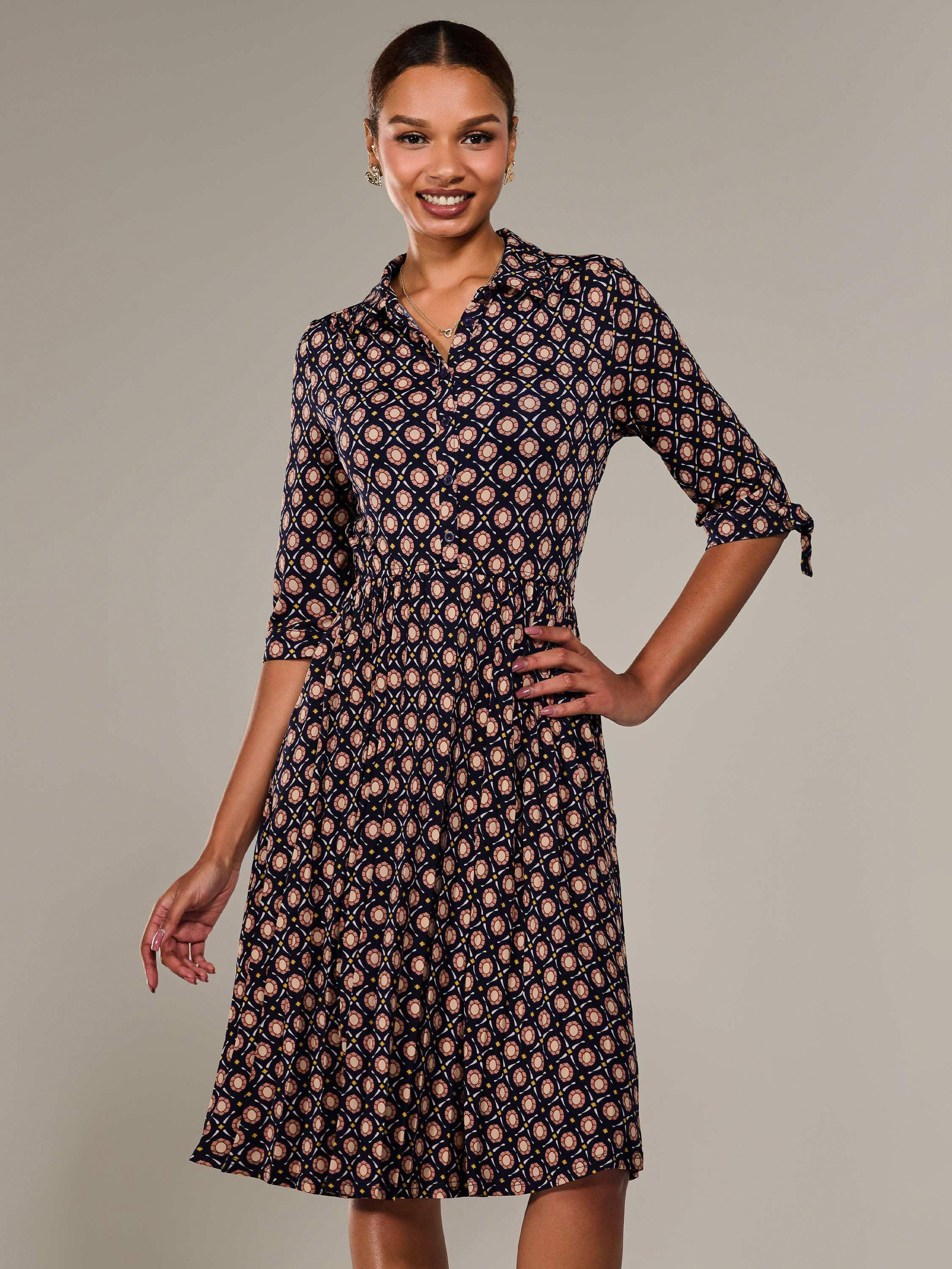 Product image 2 of 7, which shows Jolie Moi Button Up Abstract Print Shirt Dress, Navy, 8