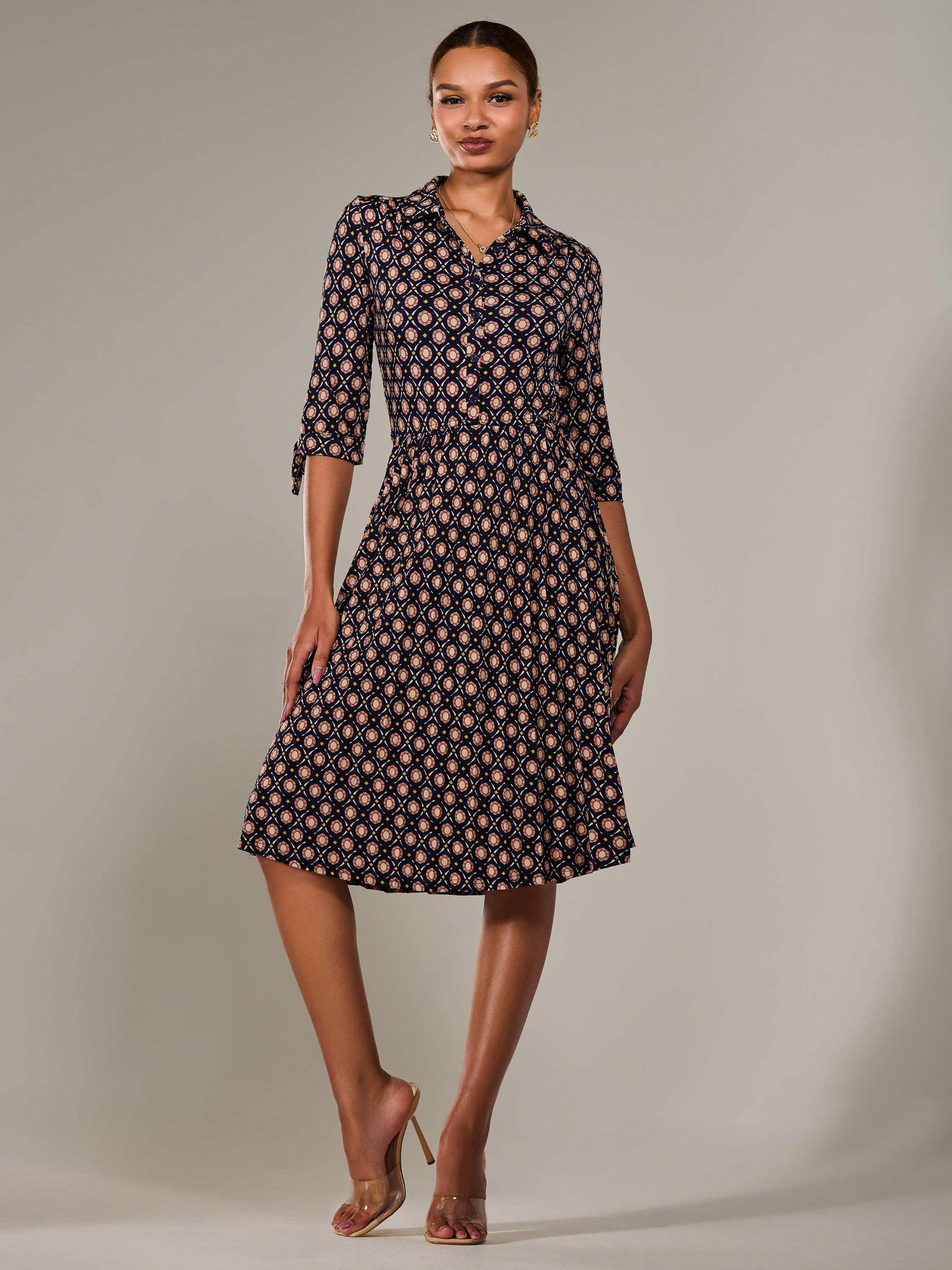 Product image 5 of 7, which shows Jolie Moi Button Up Abstract Print Shirt Dress, Navy, 8
