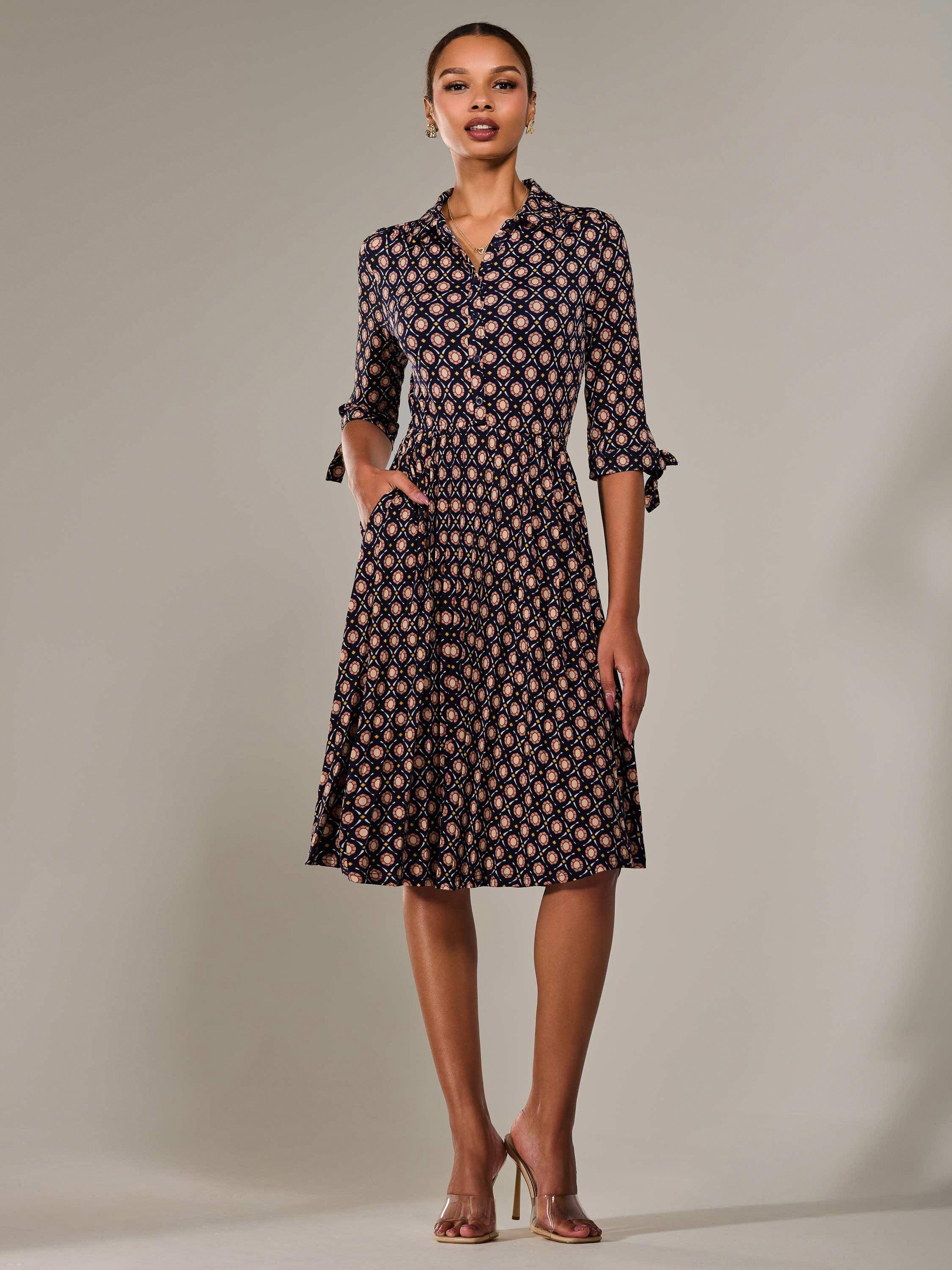 Product image 6 of 7, which shows Jolie Moi Button Up Abstract Print Shirt Dress, Navy, 8