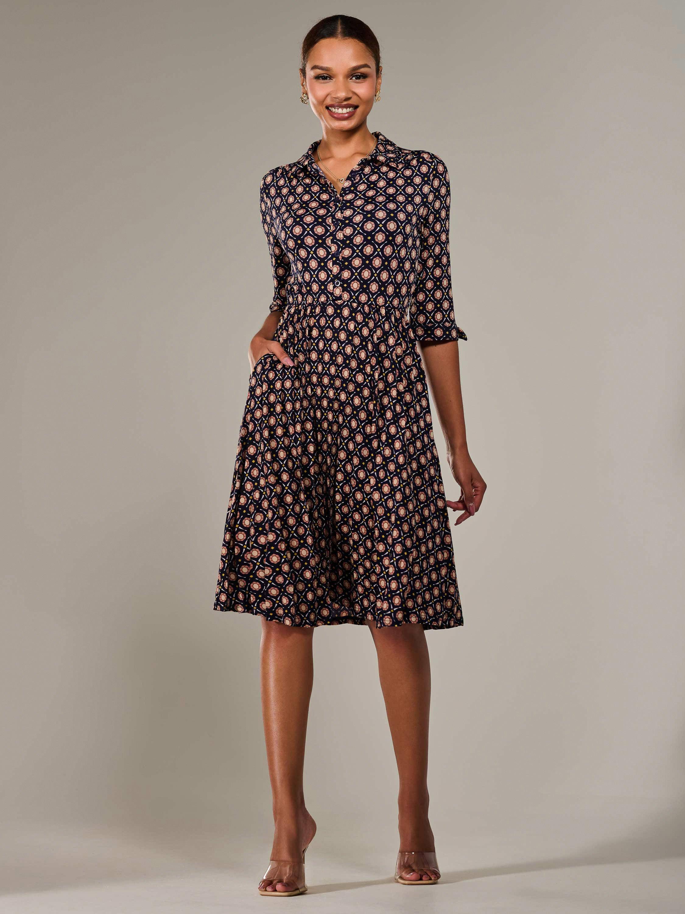 Product image 7 of 7, which shows Jolie Moi Button Up Abstract Print Shirt Dress, Navy, 8